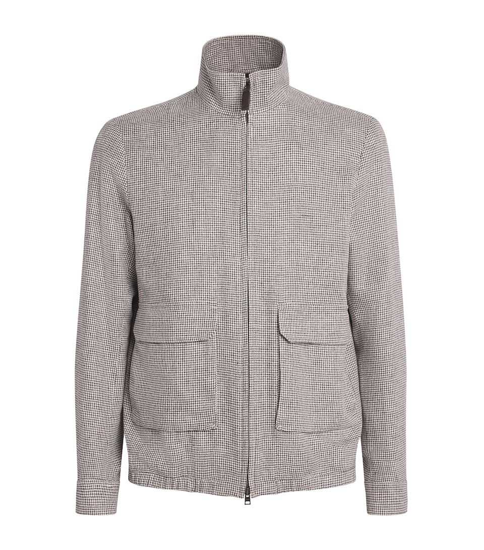 Linen-Blend Houndstooth Bomber Jacket