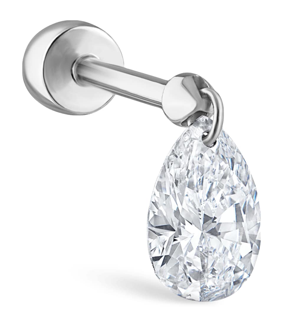 White Gold Floating Pear Diamond Charm Threaded Stud Earring (6mm)