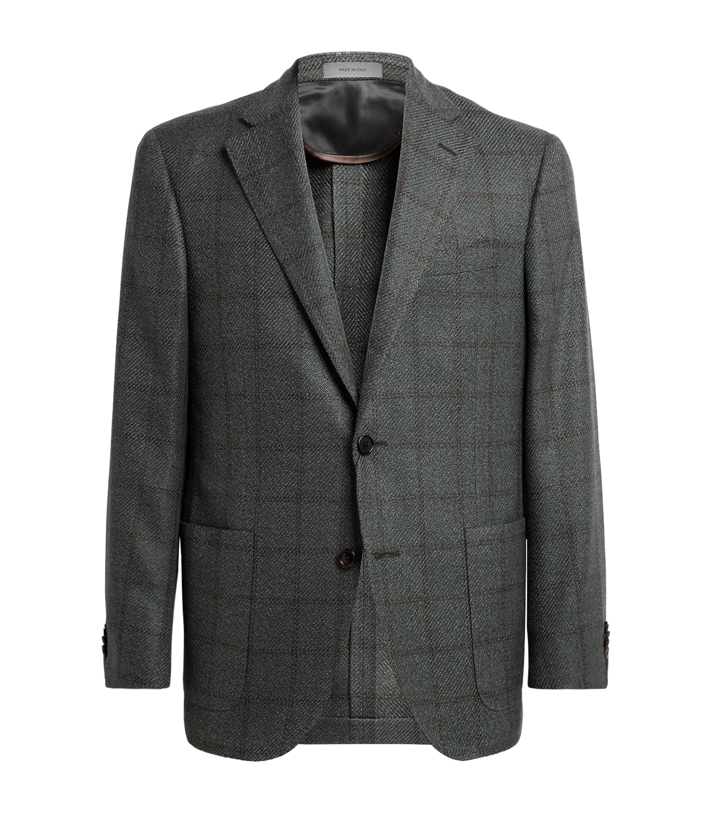 Corneliani Mens Virgin Wool-Silk-Cashmere Check Blazer Green Coloured