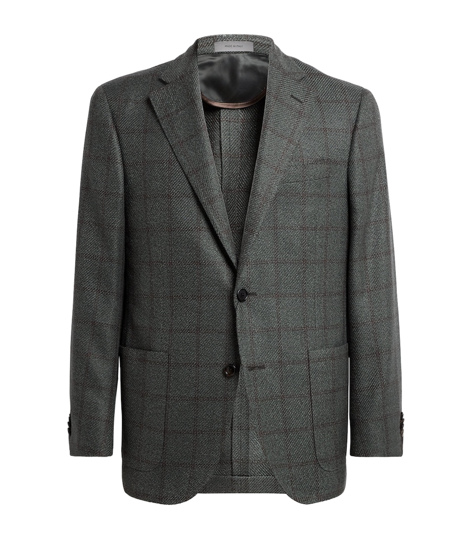 Corneliani Mens Virgin Wool-Silk-Cashmere Check Blazer Green Coloured