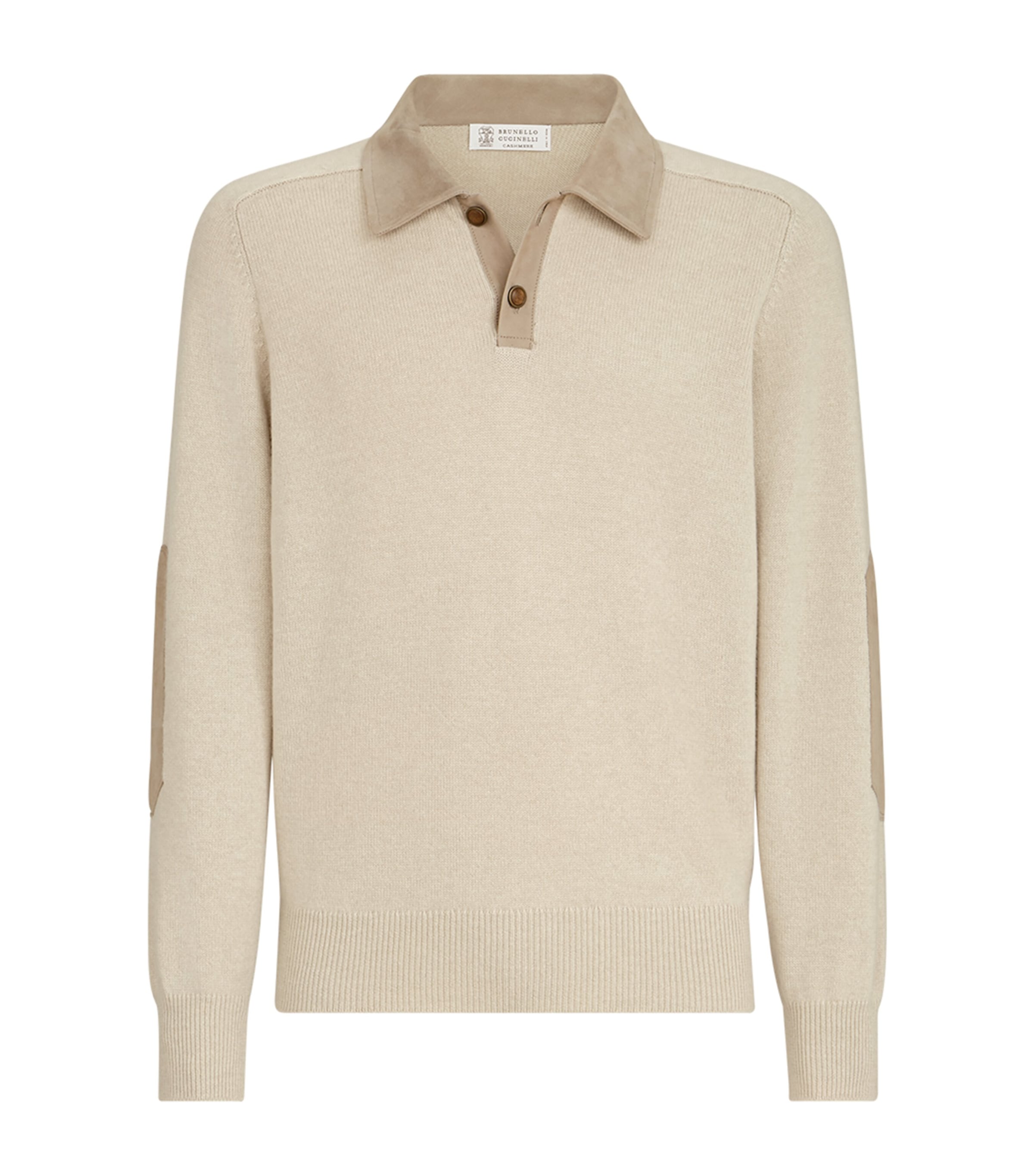 Brunello Cucinelli Mens Cashmere Suede-Collar Polo Sweater Sabbia