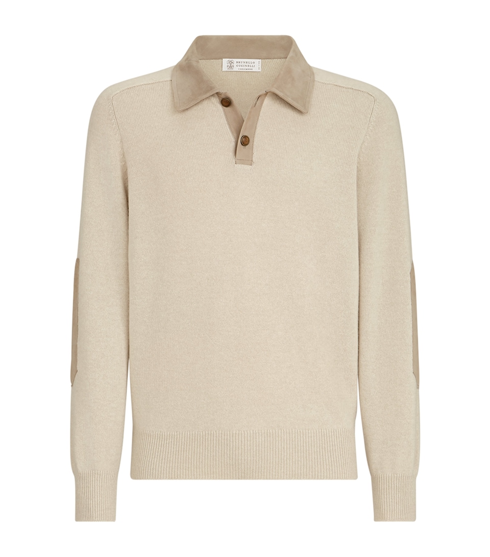 Brunello Cucinelli Mens Cashmere Suede-Collar Polo Sweater Sabbia