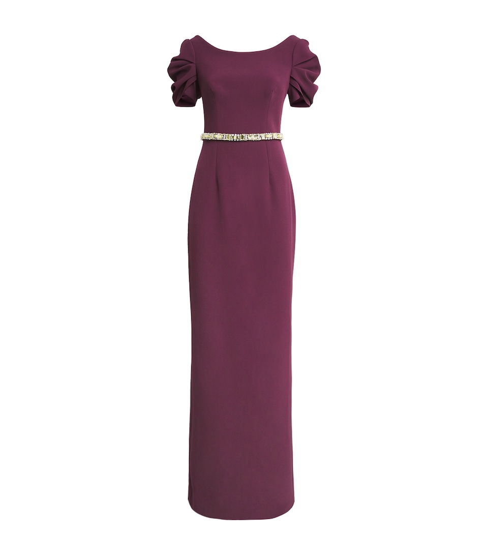 Ruched-Sleeve Belted Gown