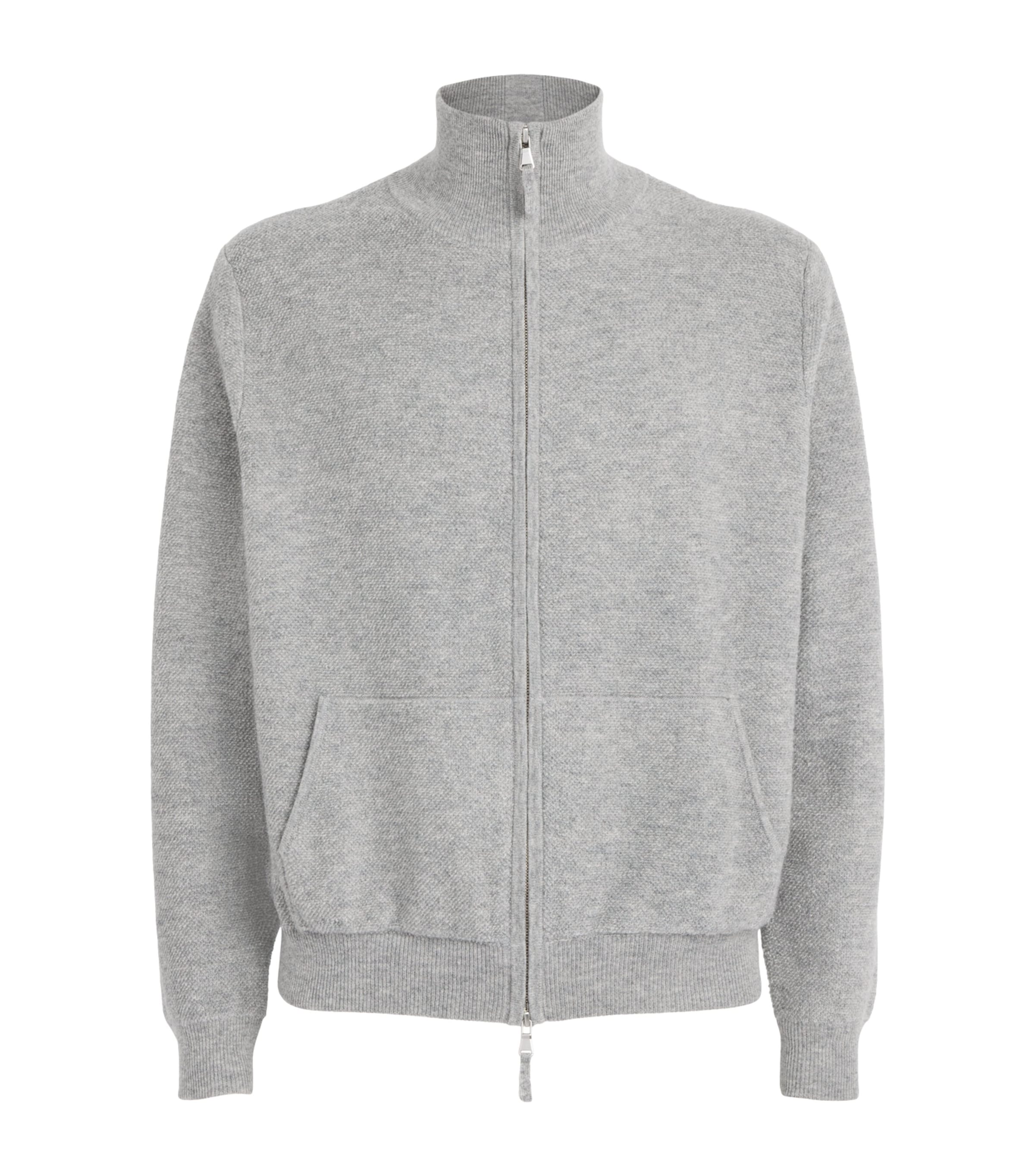 Allude Mens Wool-Cashmere Waffle-Knit Zip-Up Cardigan