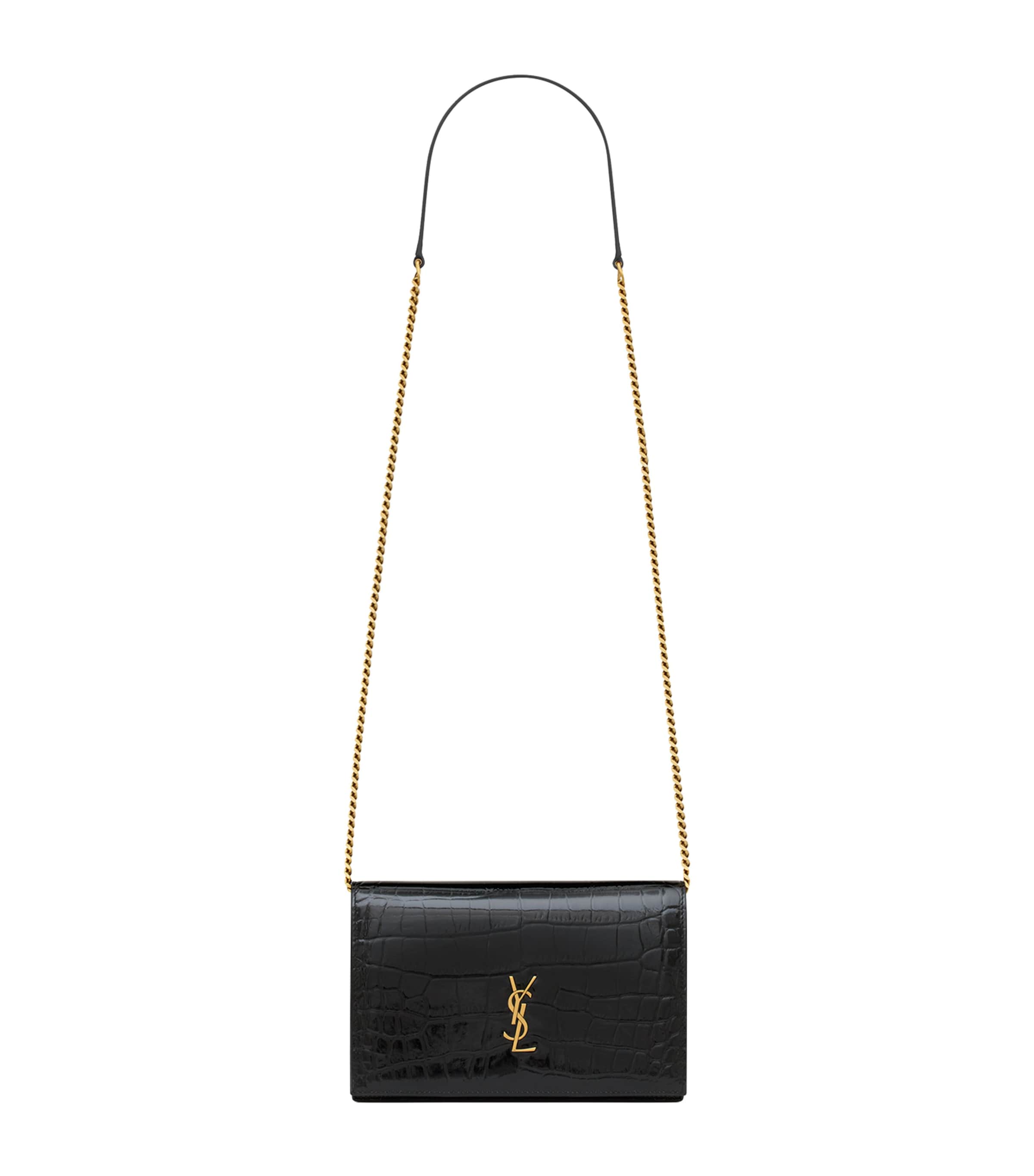 Saint Laurent Cassandre Croc-Embossed Envelope Chain Wallet