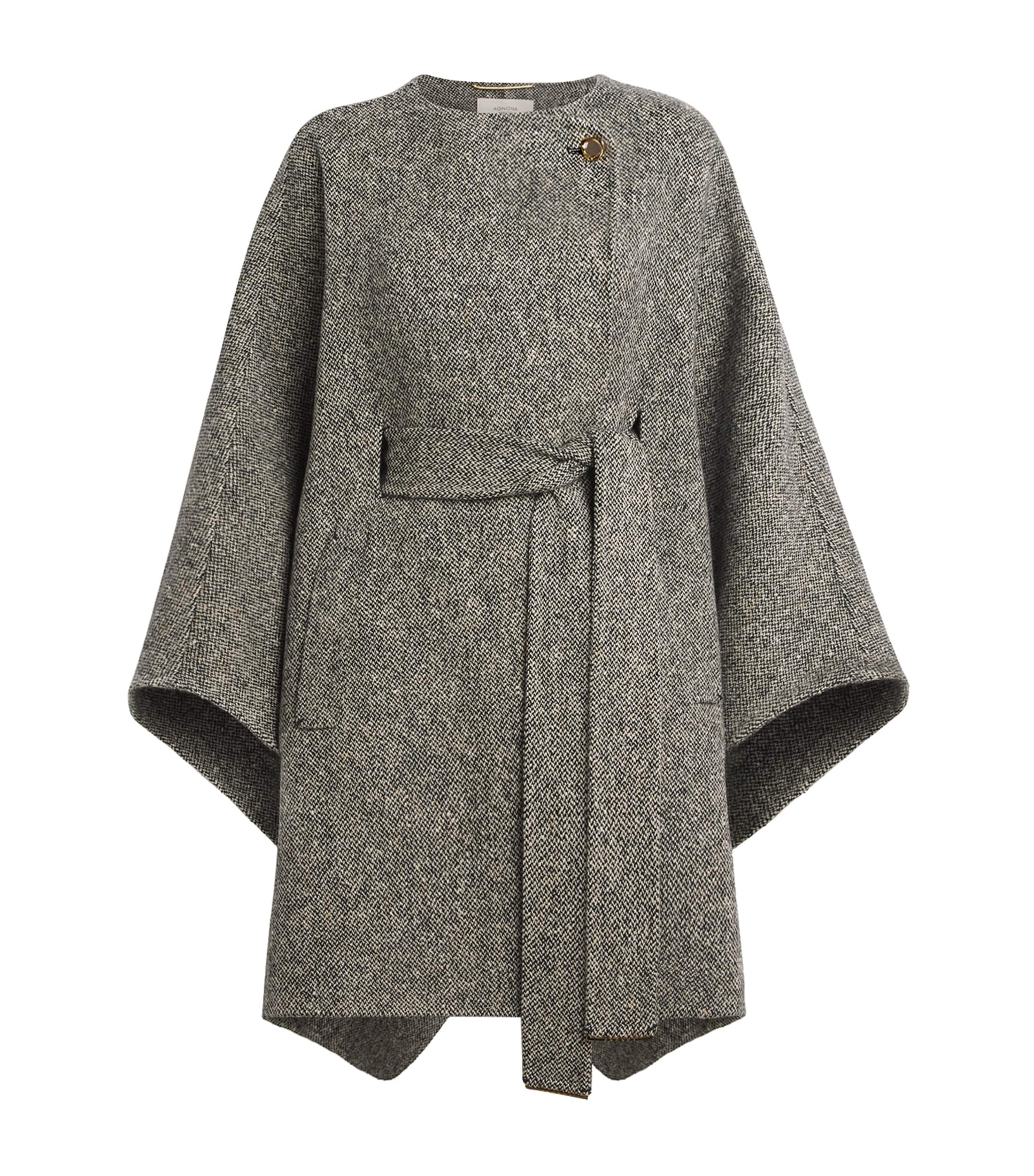 Agnona Womens Wool-Cashmere Tweed Cape Black Canvas