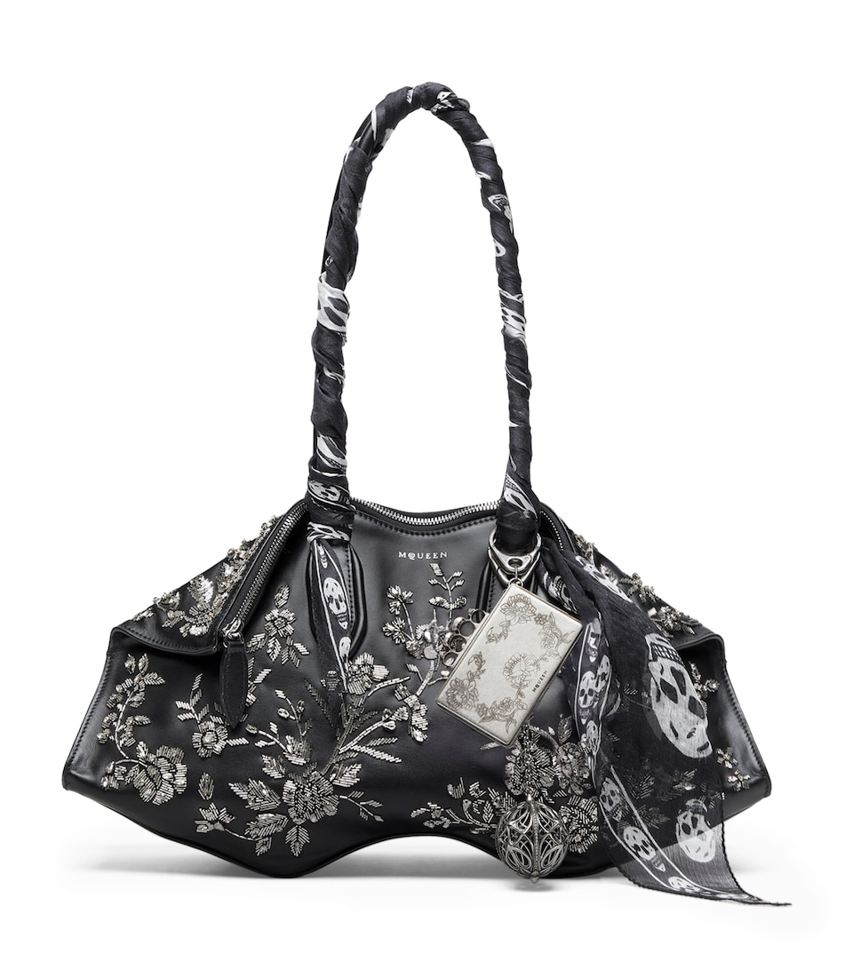 McQueen Leather Beaded Manta Top-Handle Bag