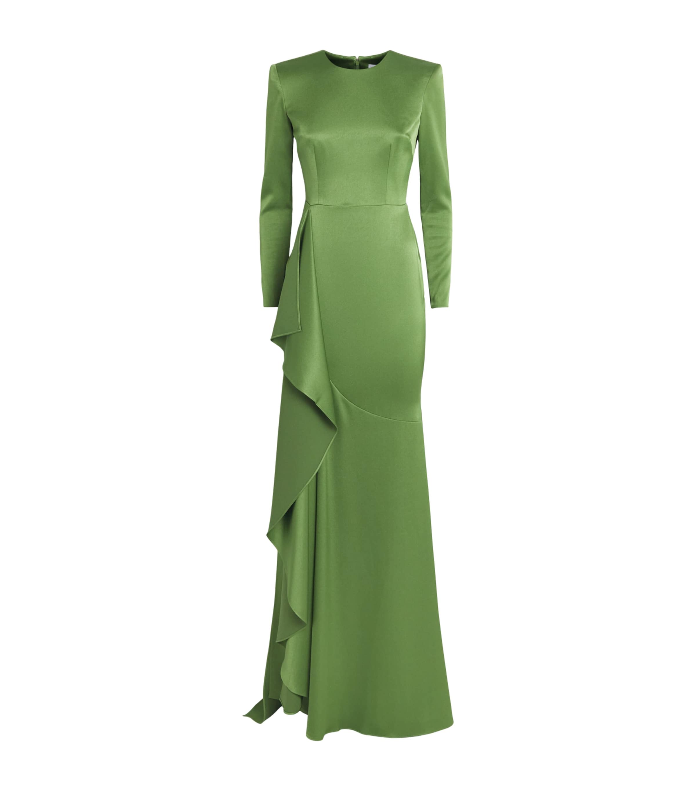 Alex Perry Womens Satin Crepe Tiered Drape Gown Fern