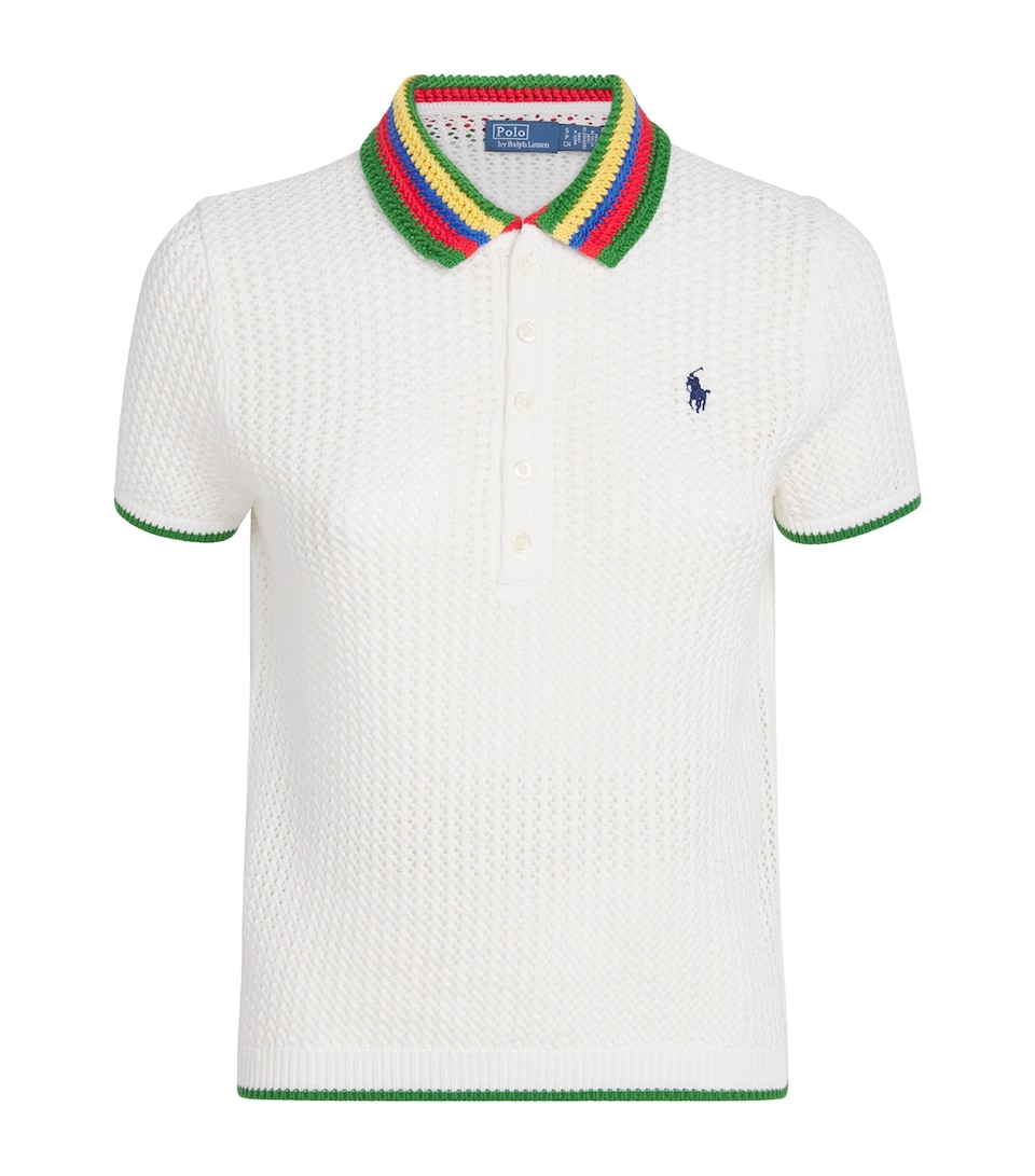 Polo Ralph Lauren Womens Crochet Polo Pony Polo Shirt White Multi