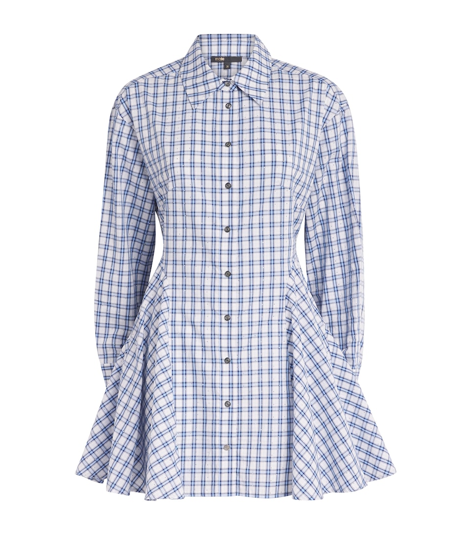 Maje Womens Cotton Check Rhinestone Mini Shirt Dress Blue Check Print