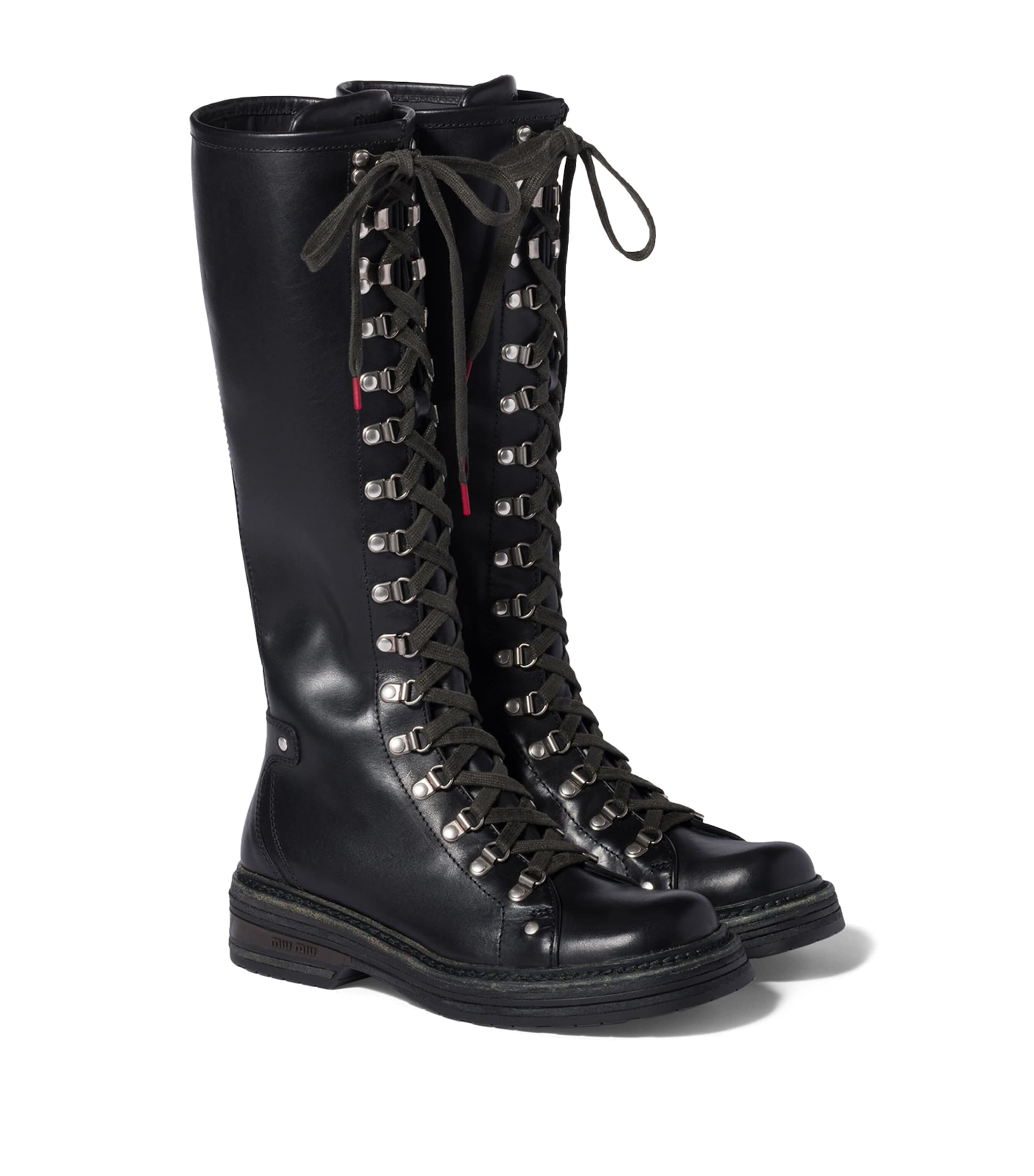 Miu Miu Leather Lace-Up Knee-High Boots Black