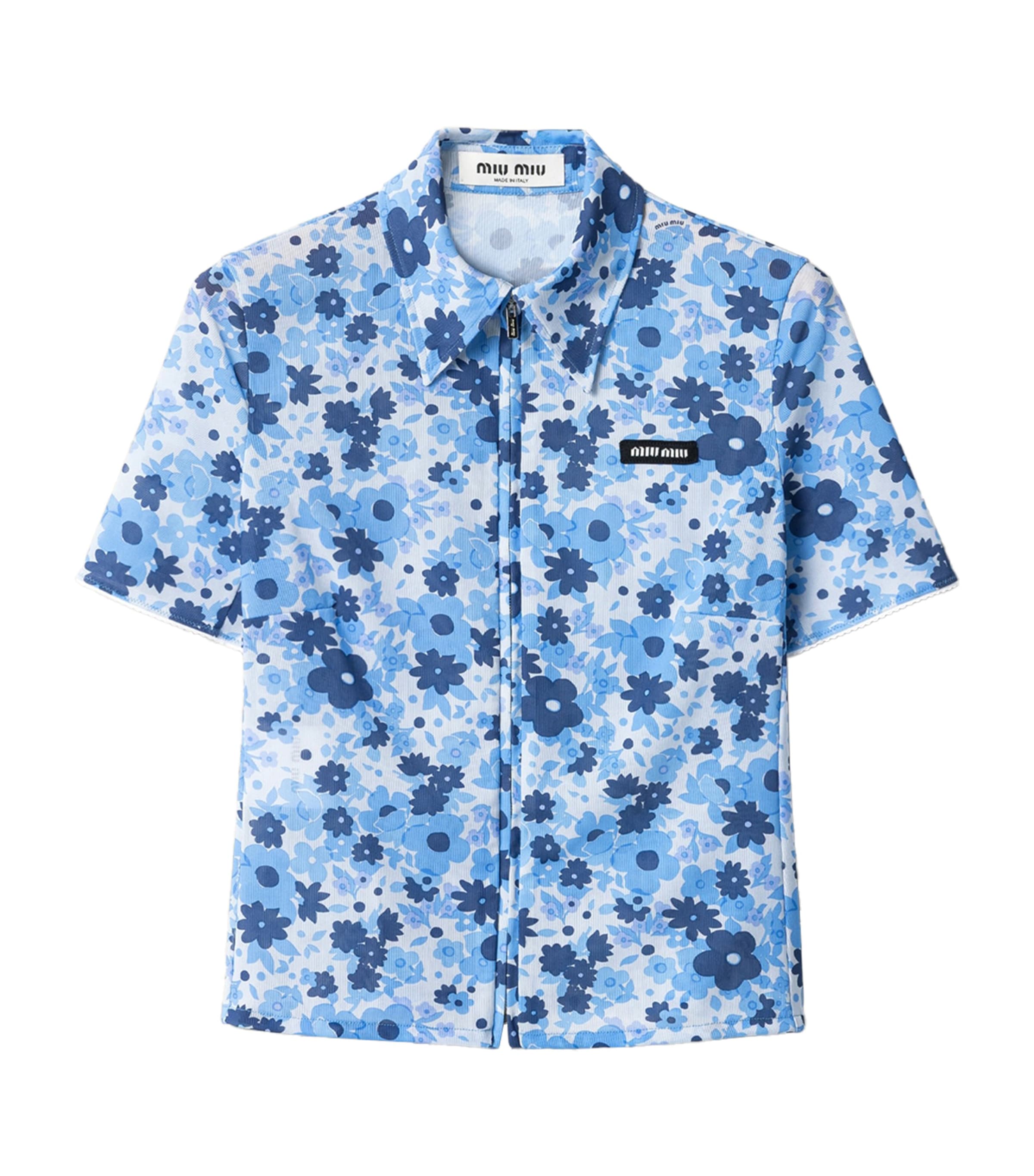 Miu Miu Womens Zip-Up Floral Print Shirt Light Blue