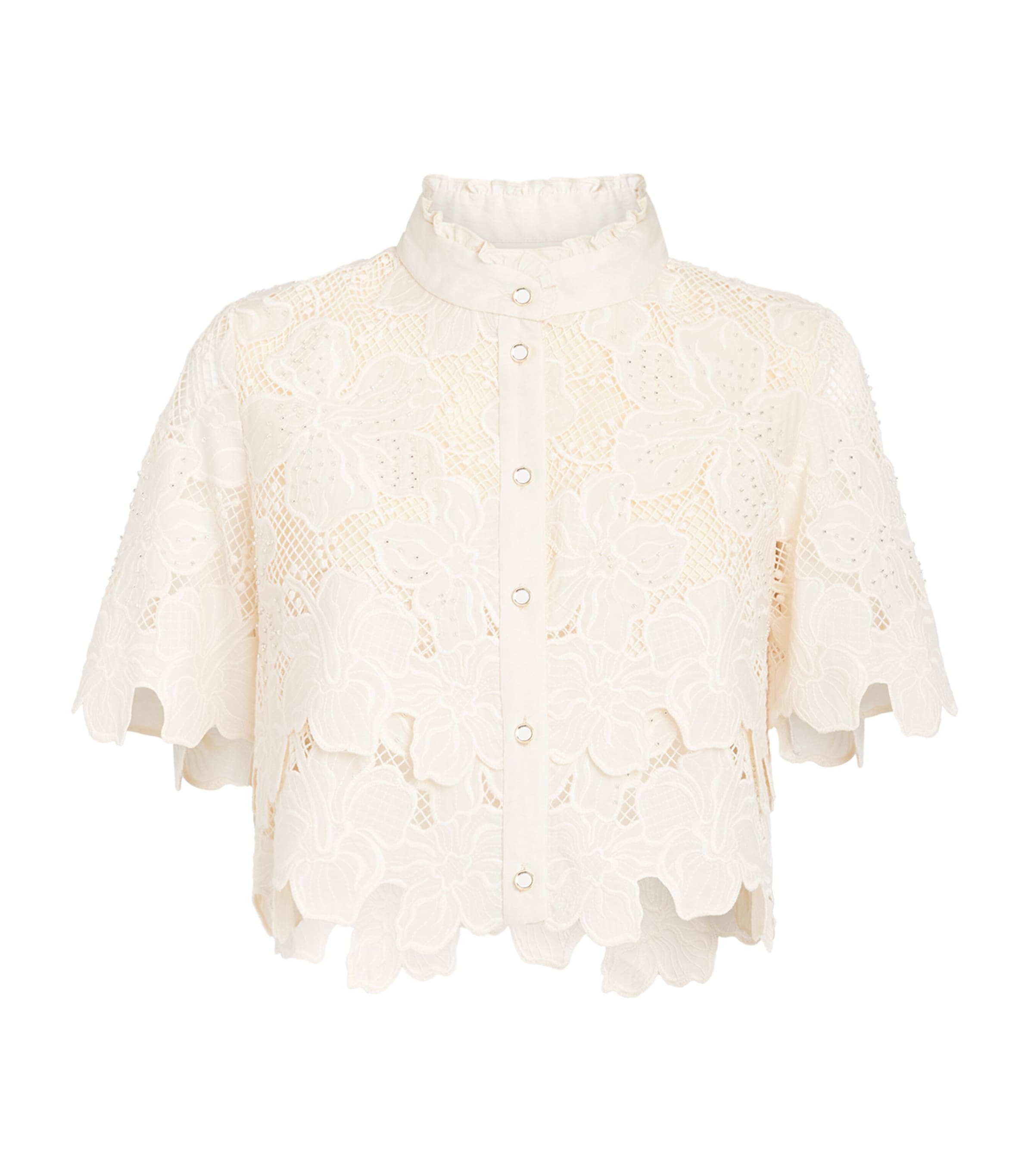 Sandro Paris Womens Guipure Lace Cropped Shirt Ecru