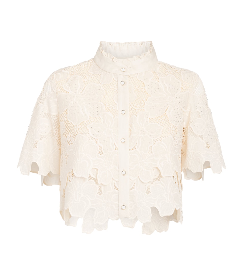 Sandro Paris Womens Guipure Lace Cropped Shirt Ecru