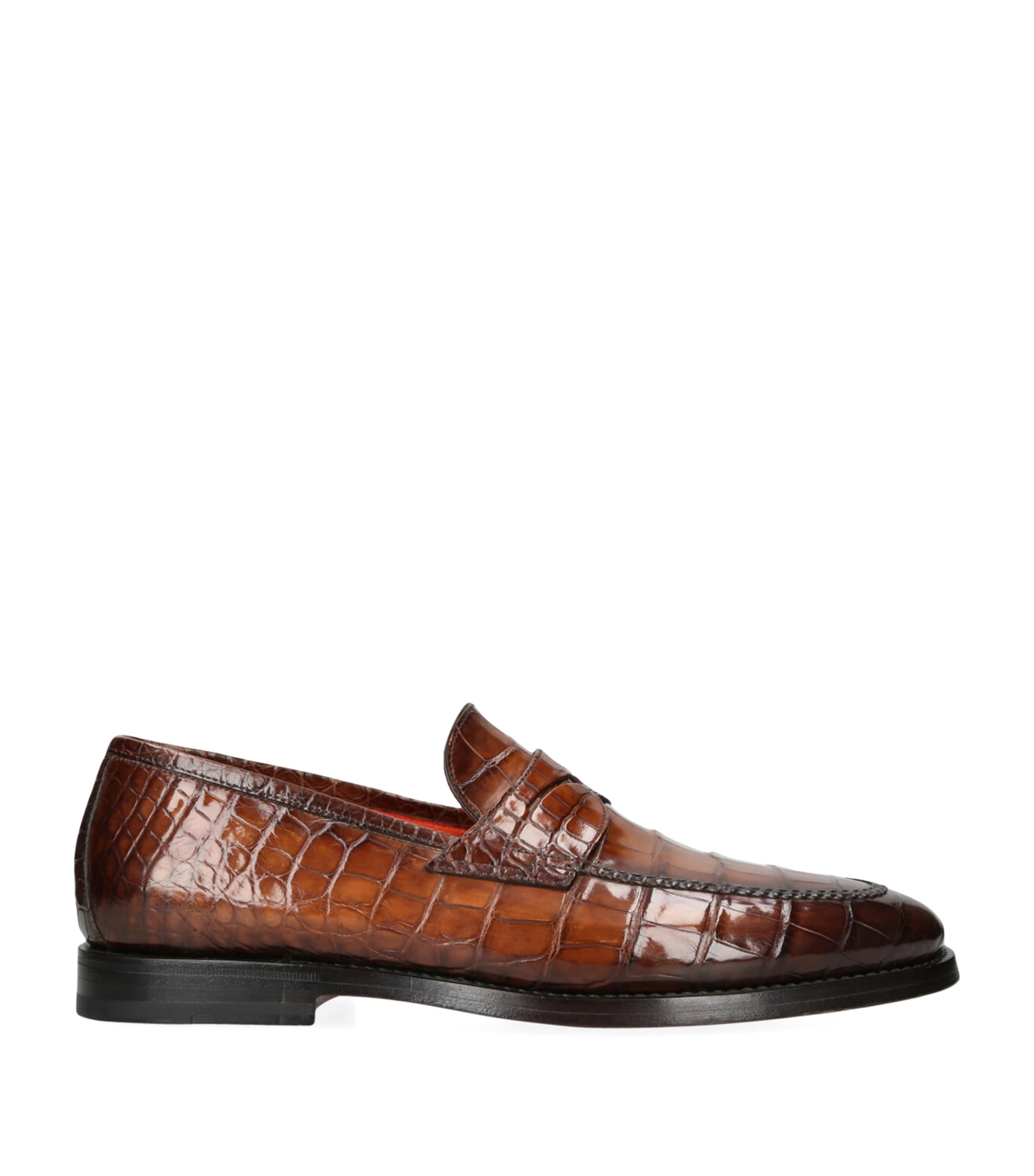 Santoni Crocodile Leather Carlos Penny Loafers Tan
