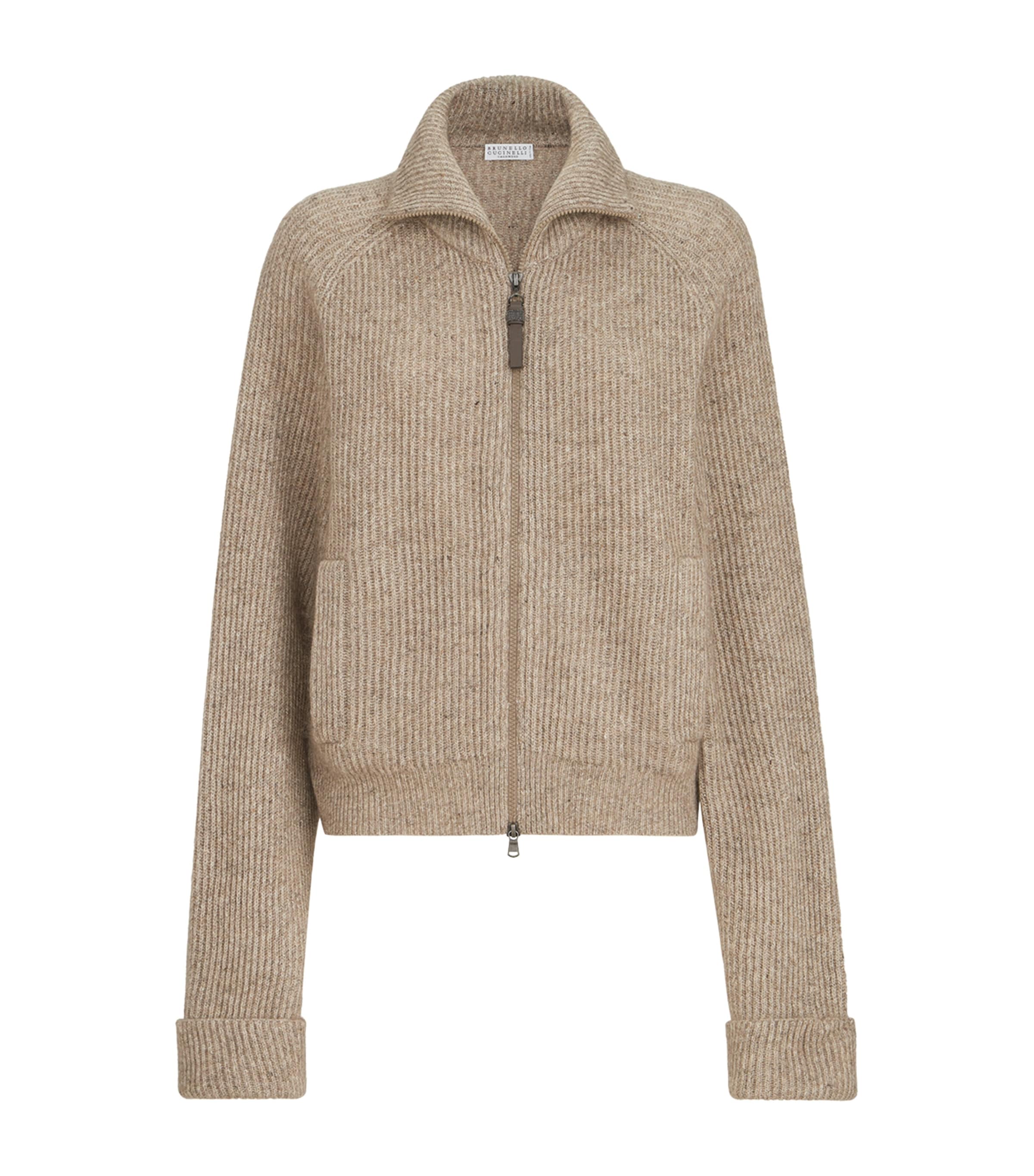 Brunello Cucinelli Womens Sparkling Rib-Knit Cardigan Brown Freddo