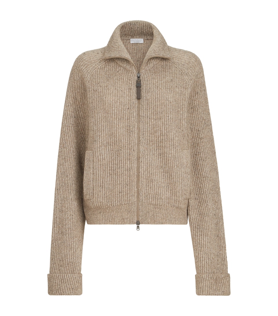 Brunello Cucinelli Womens Sparkling Rib-Knit Cardigan Brown Freddo