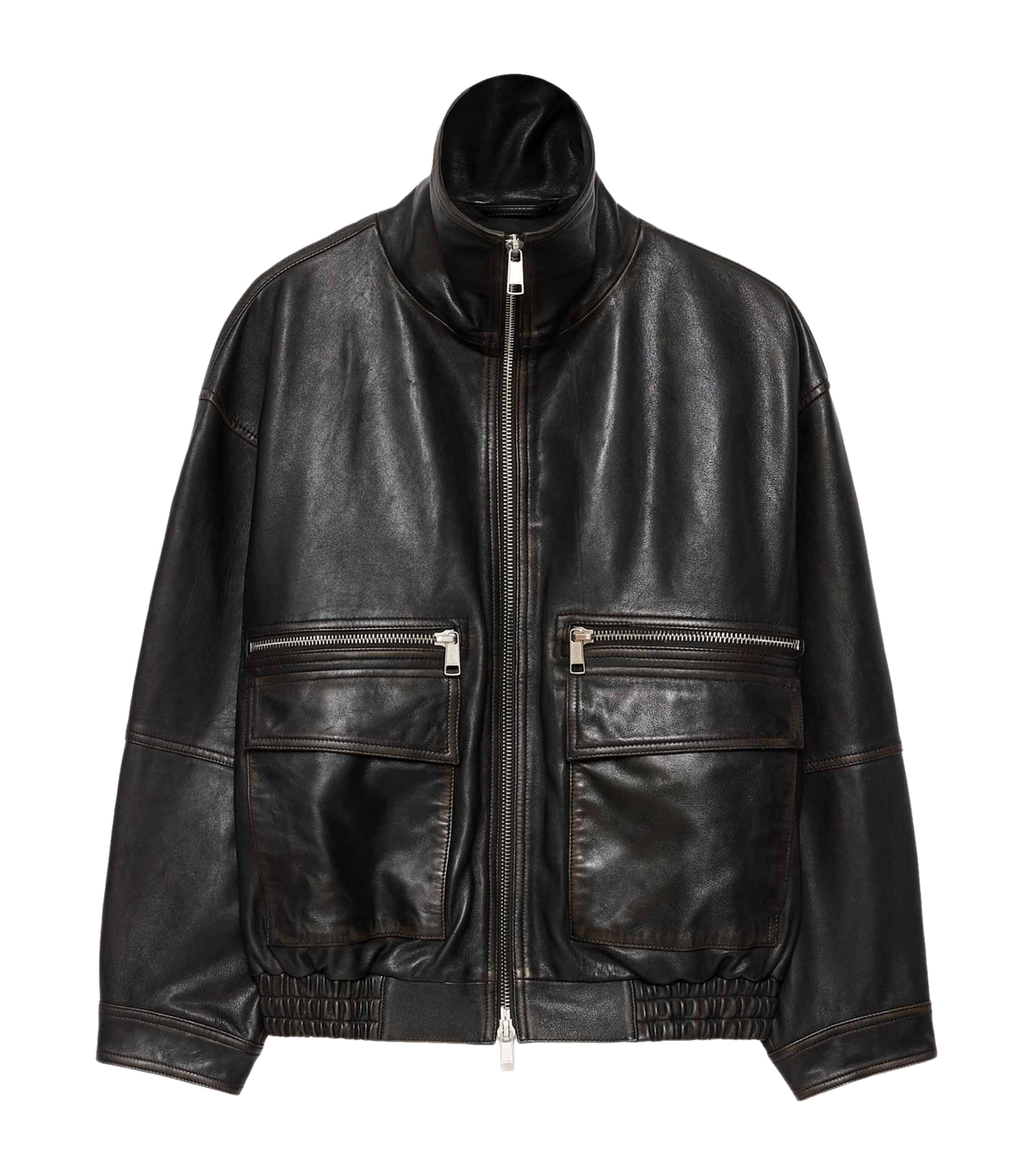 AllSaints Womens Leather Elisa Bomber Jacket Black Walnut Brown