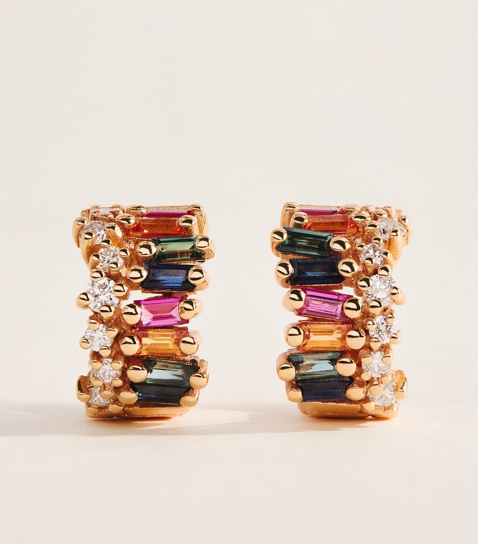 Suzanne Kalan Rose Gold, Diamond and Rainbow Sapphire Short Stack Hoop Earrings Rg/rs