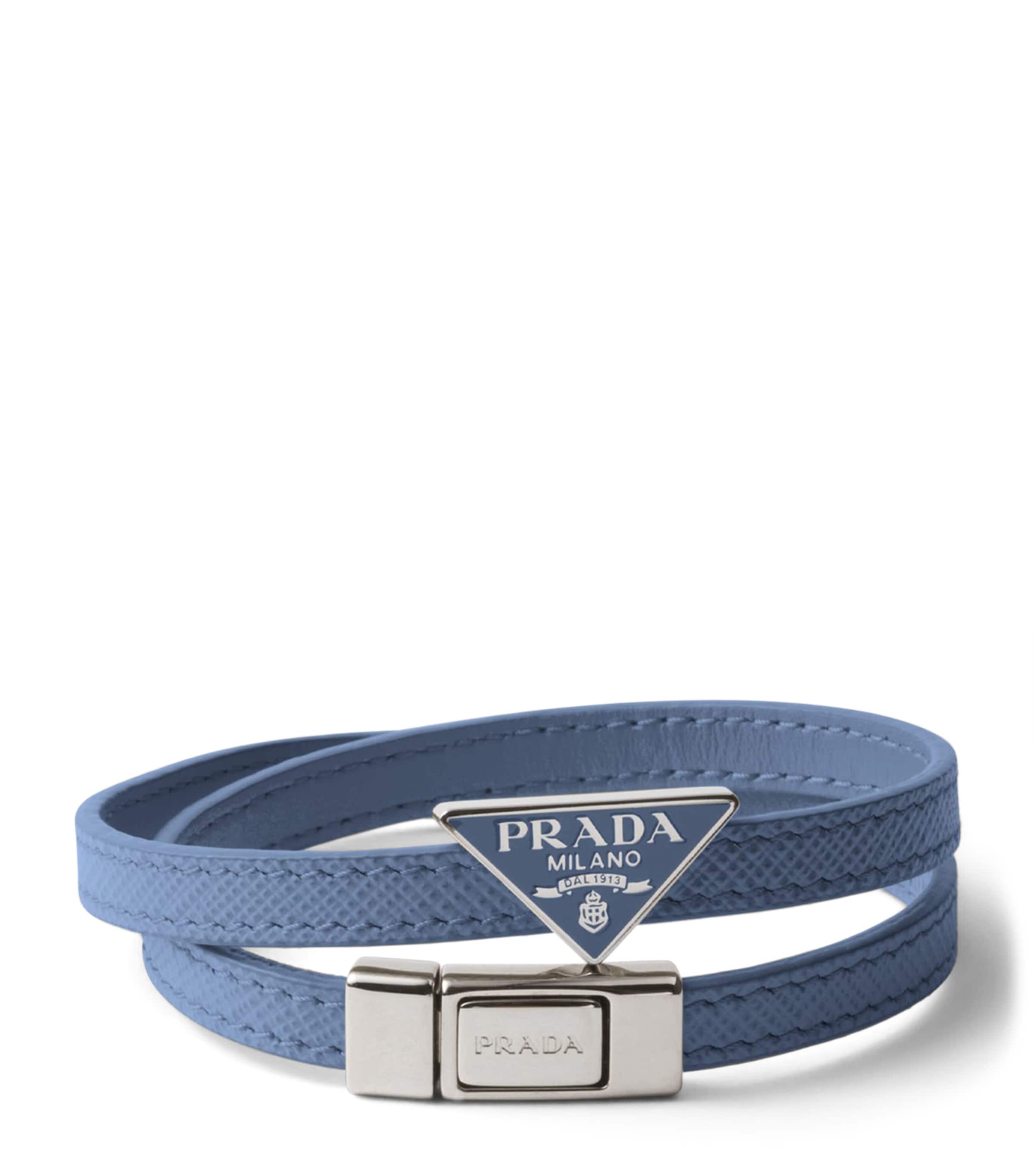 Prada Saffiano Leather Wrap Logo Bracelet Blue