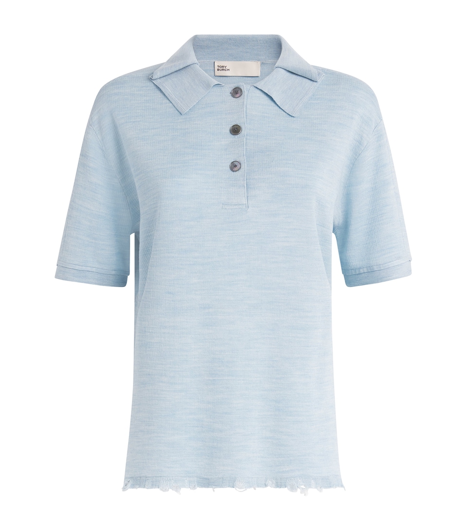 Tory Burch Womens Silk-Blend Distressed Polo Shirt Light Blue