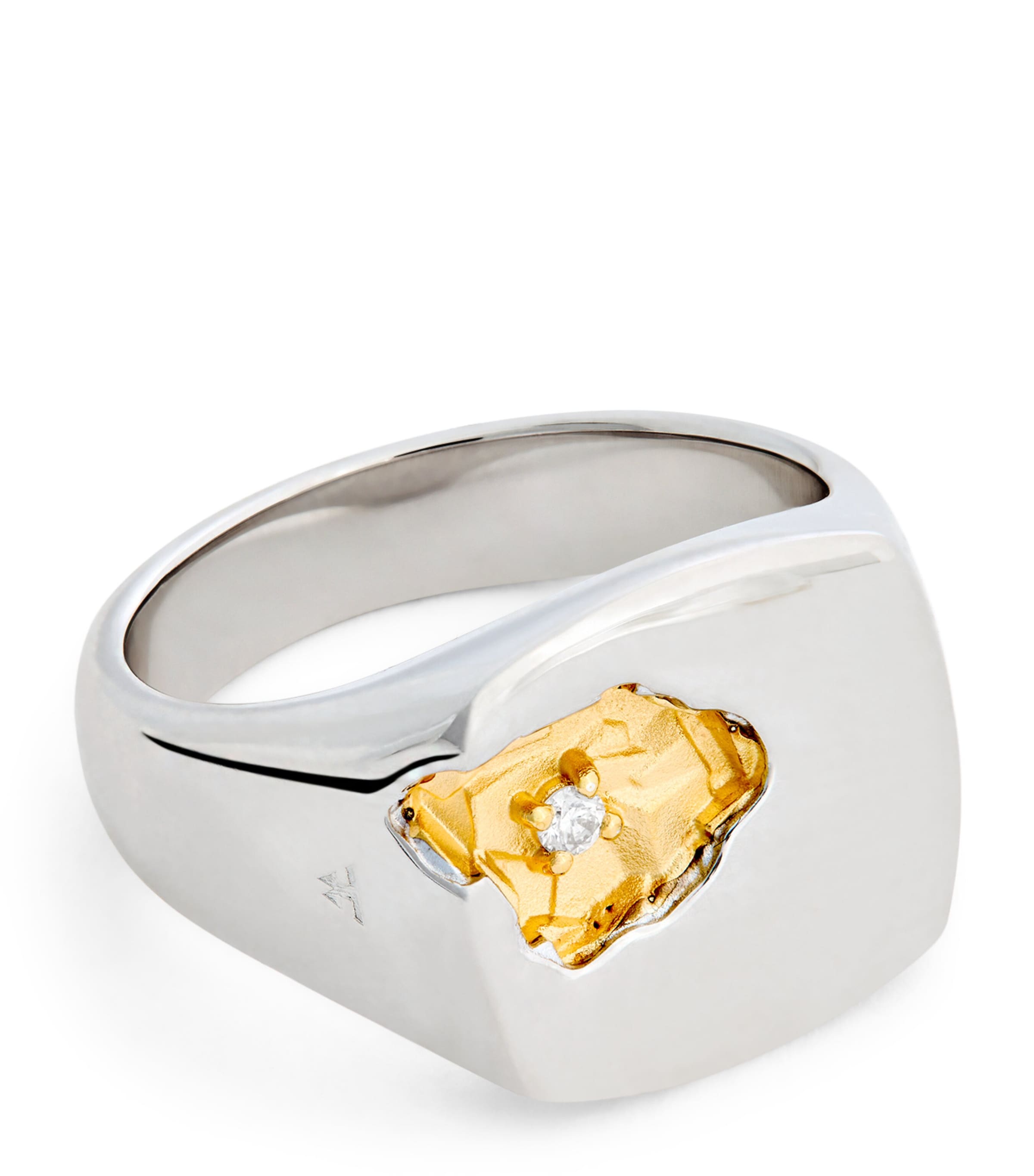 Tom Wood Large Sterling Silver, Gold and Diamond Mined Ring / Gold P
