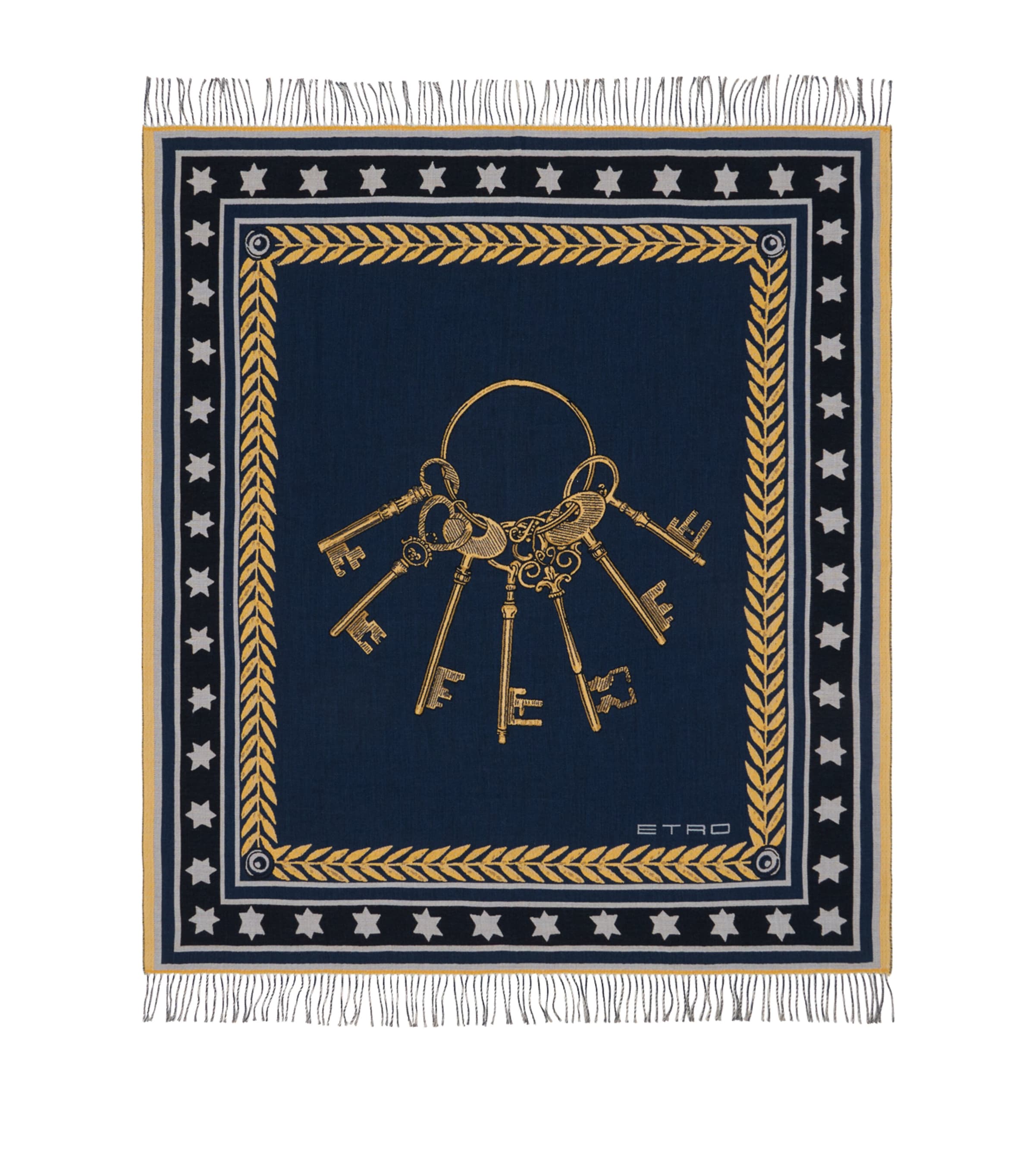 Etro Wool Fringed Herald Keys Throw (180cm x 140cm) Blue