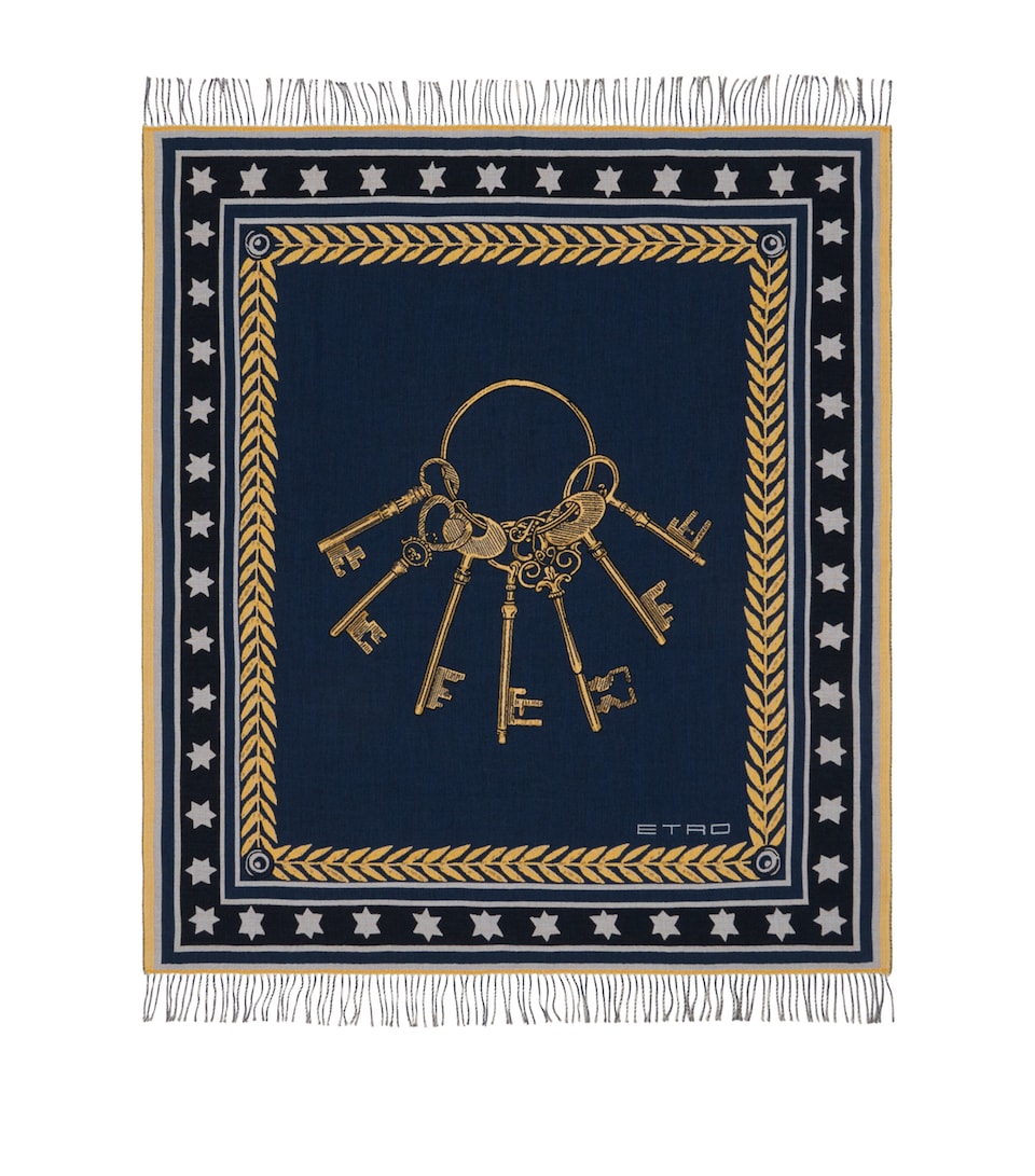 Etro Wool Fringed Herald Keys Throw (180cm x 140cm) Blue