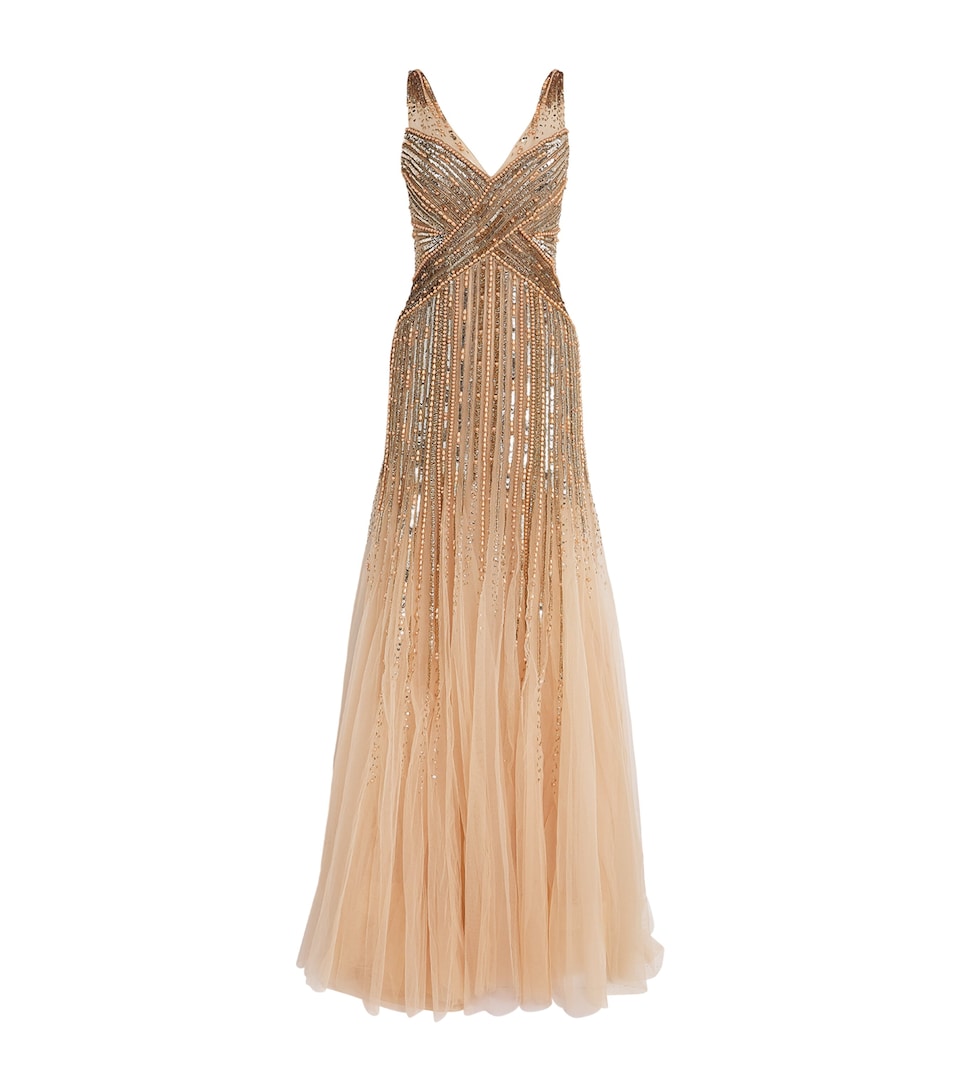 Pamella Roland Womens Tulle Embellished V-Neck Gown Antique Gold