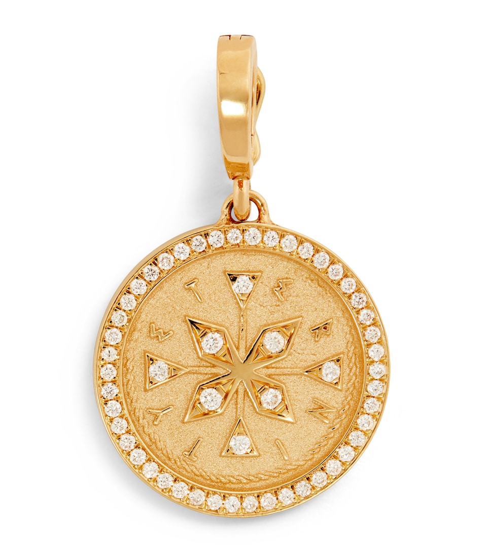Azlee Small Yellow Gold and Diamond Compass Coin Charm Yellow Gold