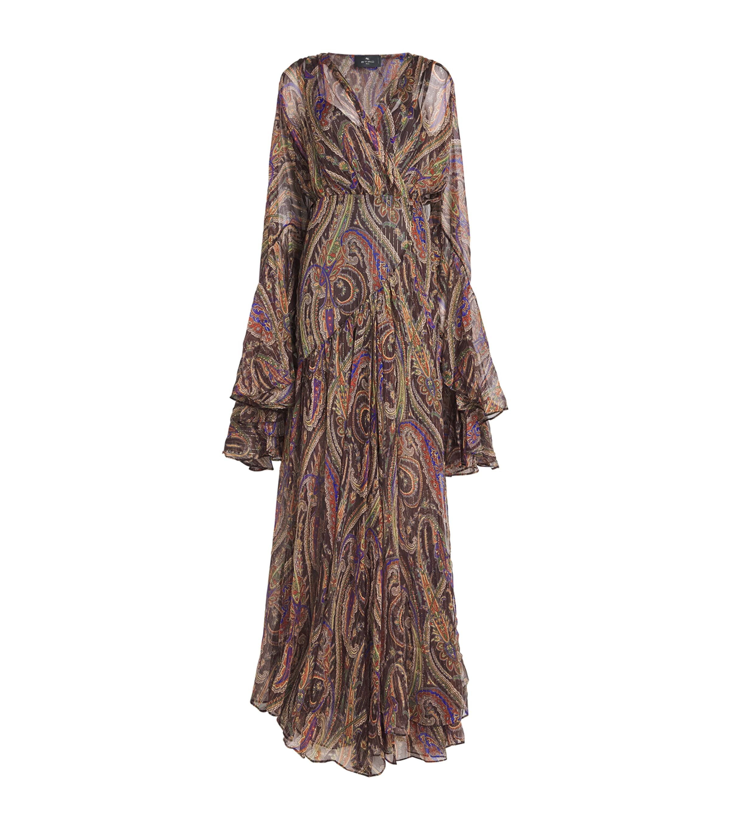 Etro Womens Silk Printed Ruffle Maxi Dress Dark Brown