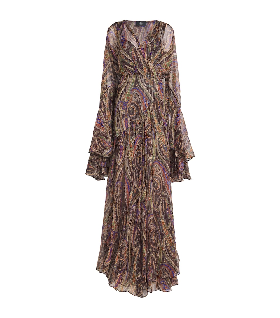Etro Womens Silk Printed Ruffle Maxi Dress Dark Brown