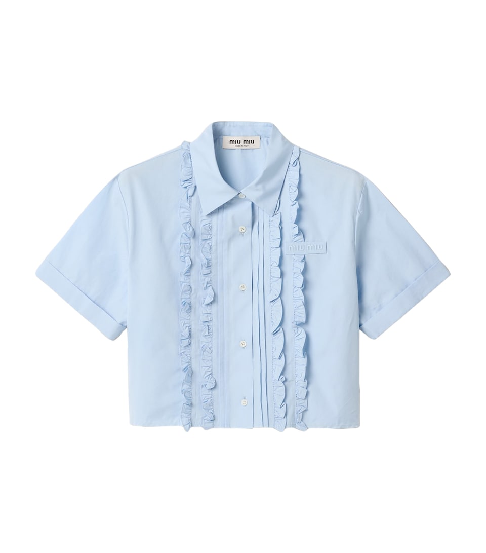 Miu Miu Womens Ruffled Short Sleeve Shirt Light Blue
