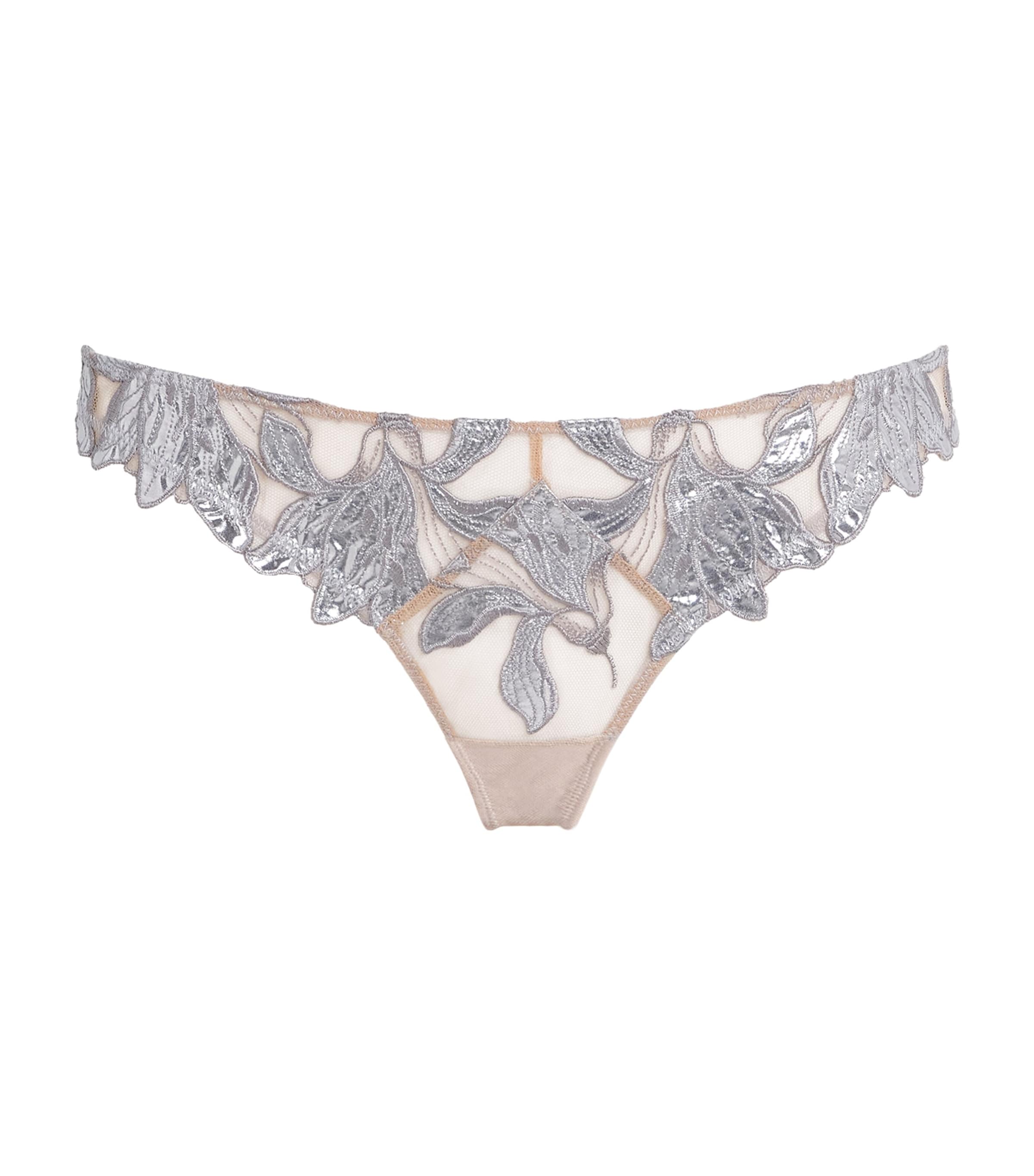 Fleur Du Mal Womens Foil Lily Embroidery Thong Platinum