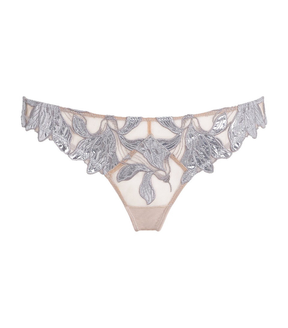 Fleur Du Mal Womens Foil Lily Embroidery Thong Platinum