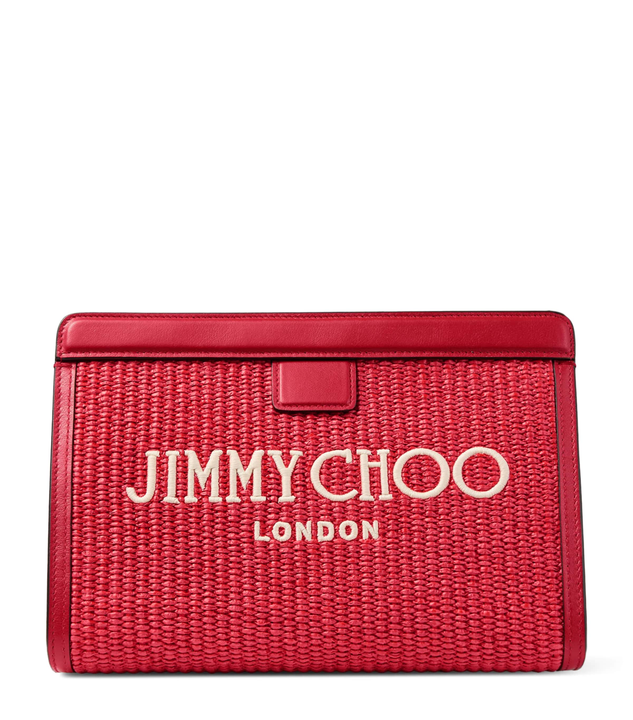 Jimmy Choo Raffia Leather-Trim Avenue Pouch Ruby Red/light Gold