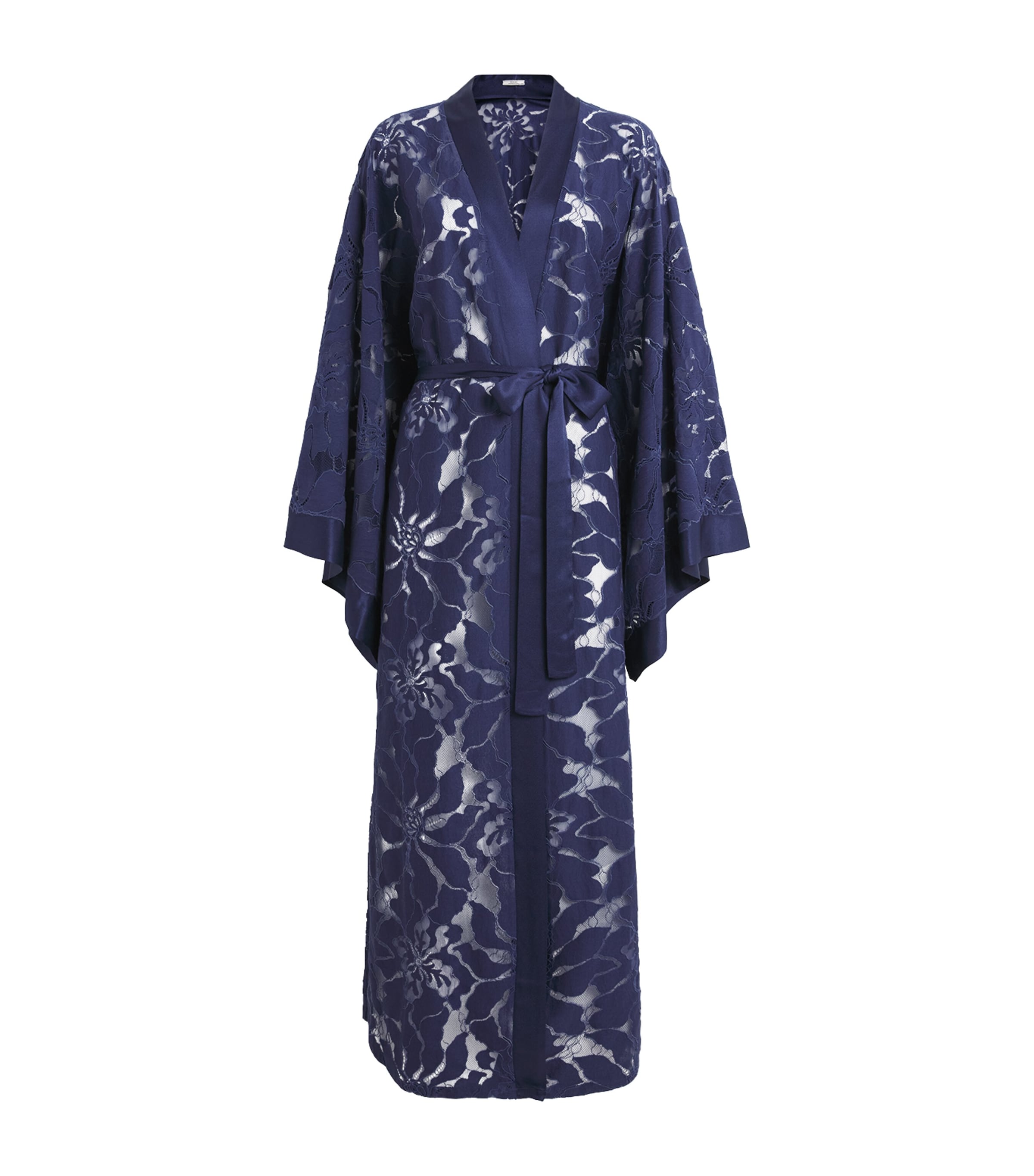 Bocan Womens Satin Lace-Trim Clematis Robe Navy Blue