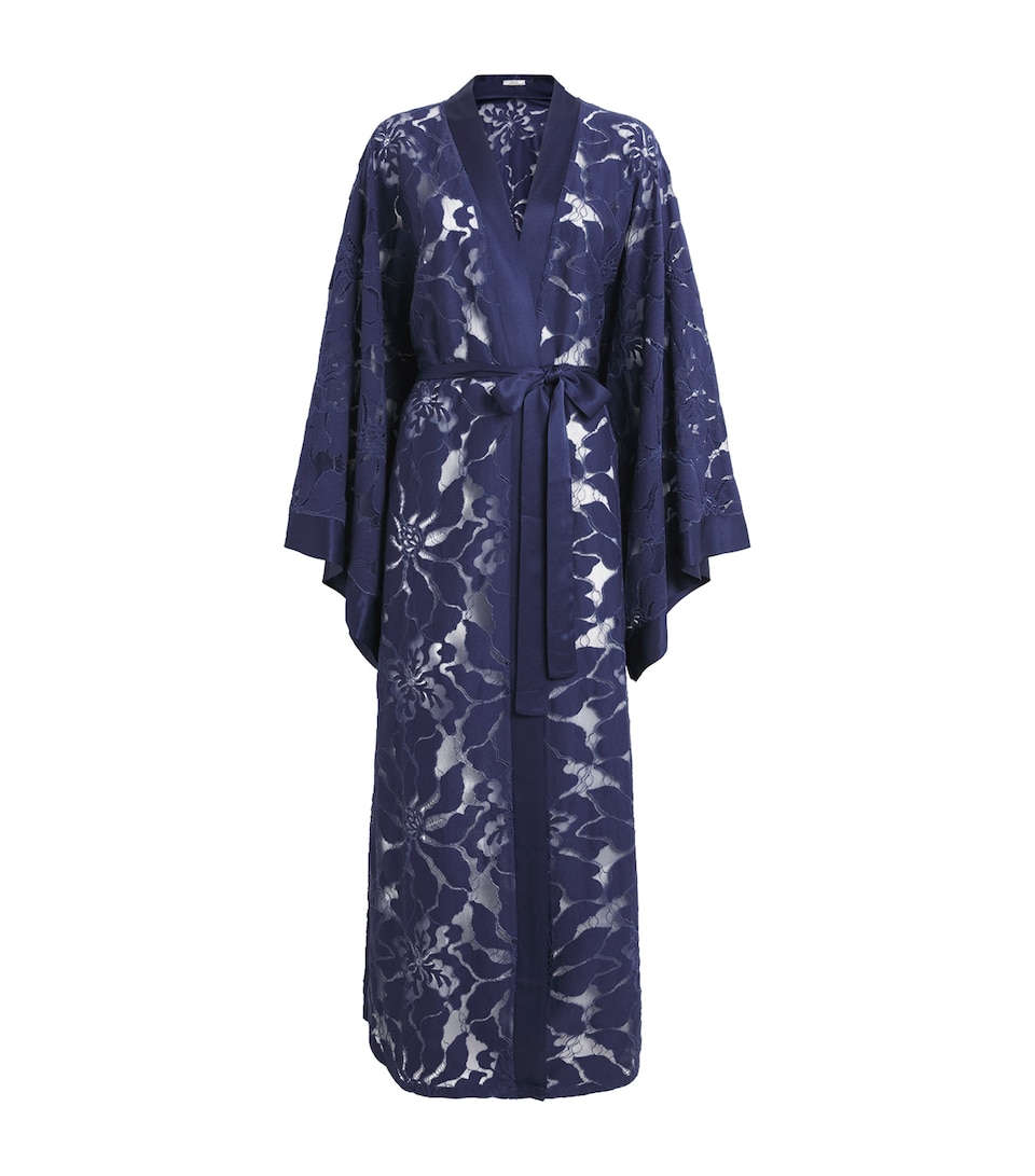 Bocan Womens Satin Lace-Trim Clematis Robe Navy Blue