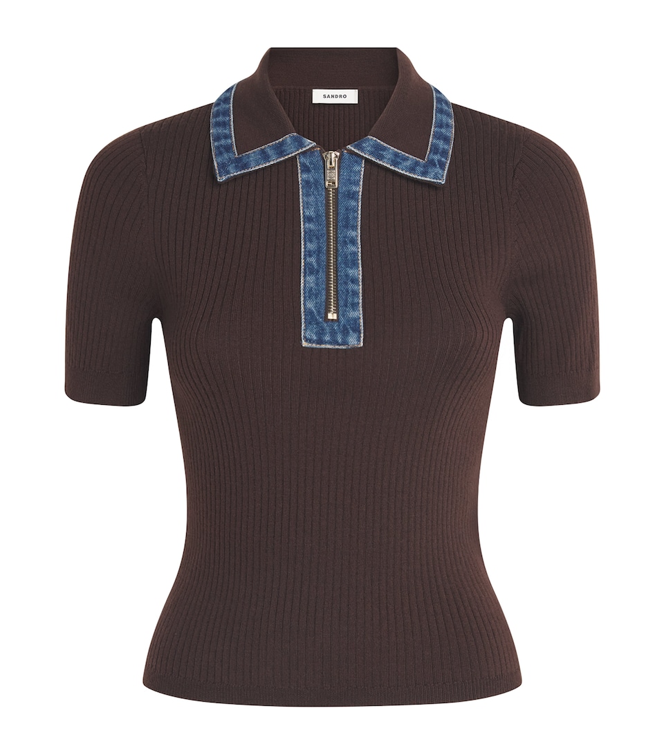 Sandro Paris Womens Knitted Denim-Collar Polo Shirt Brown