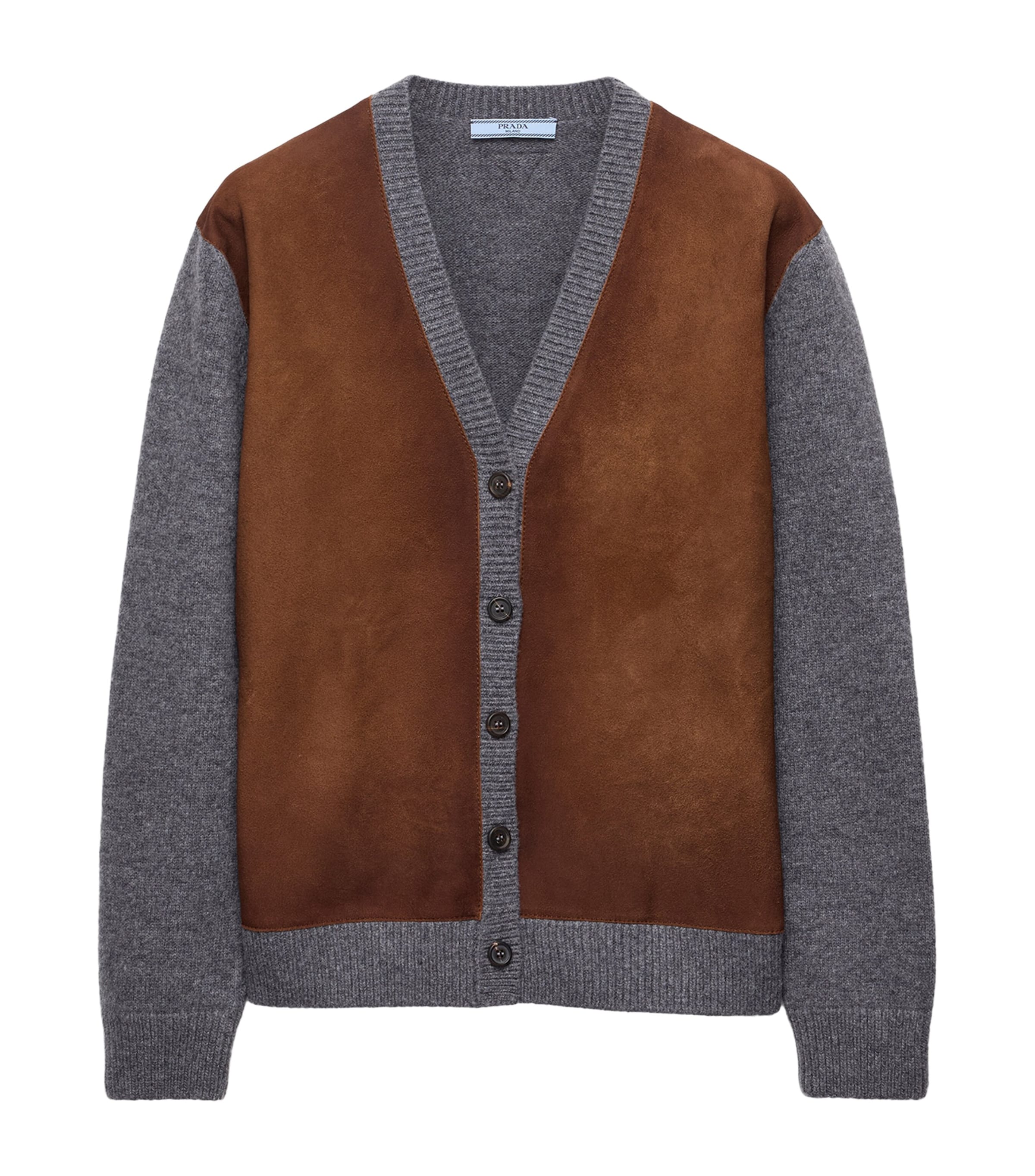Prada Womens Wool Suede-Trim V-Neck Cardigan Grey