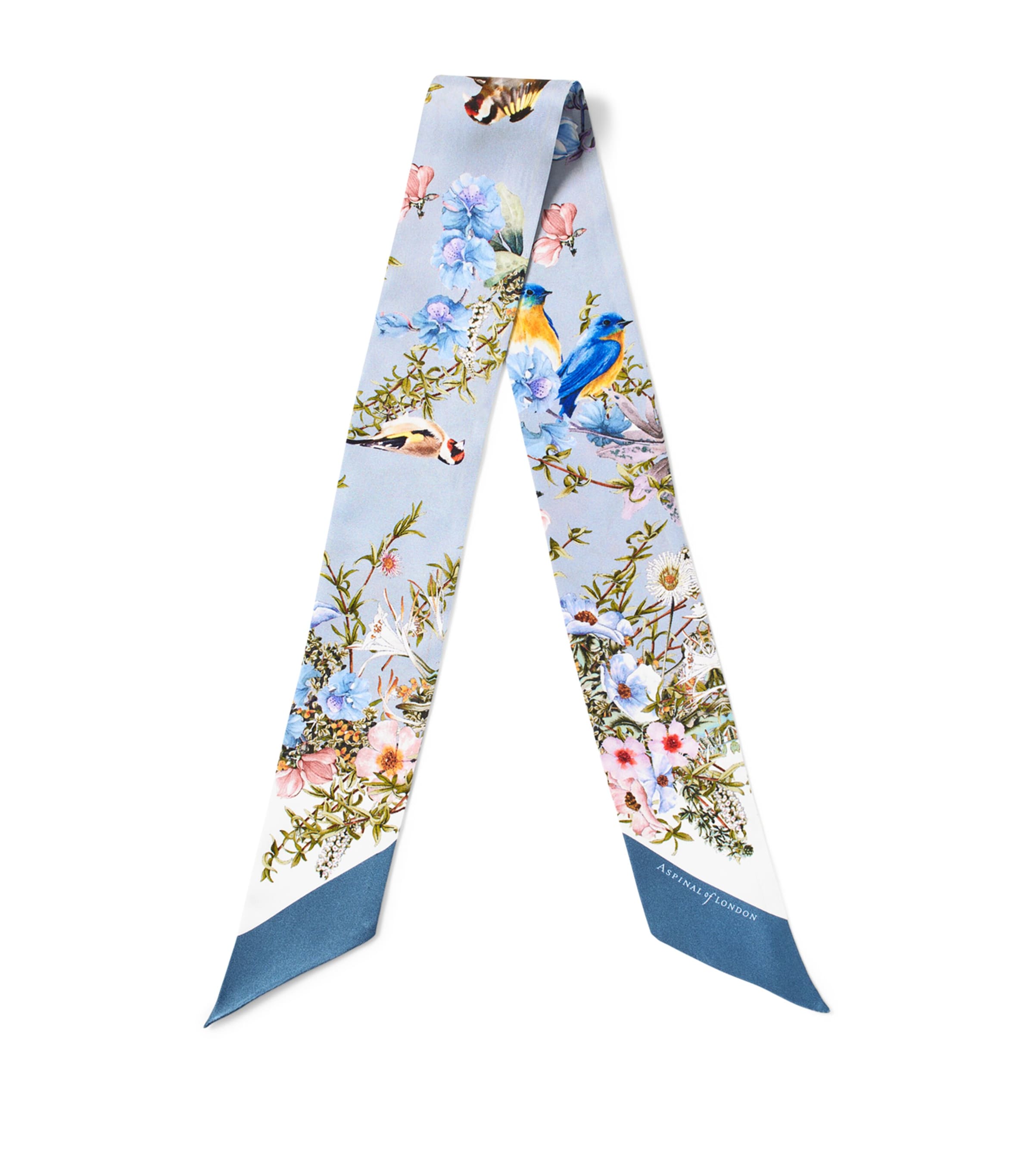 Aspinal Of London Silk Edwardian Garden Skinny Scarf Skyblue