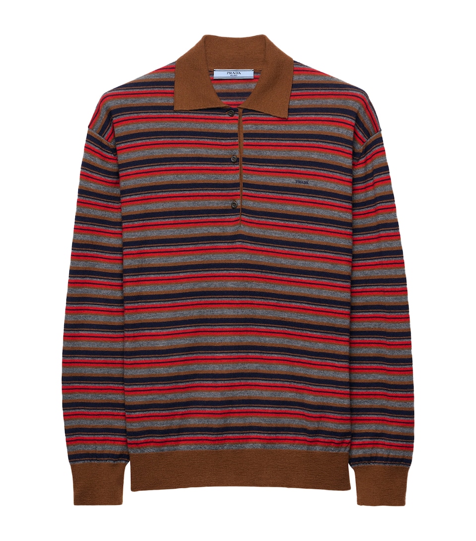 Prada Womens Cashmere Stripe Polo Sweater Brown
