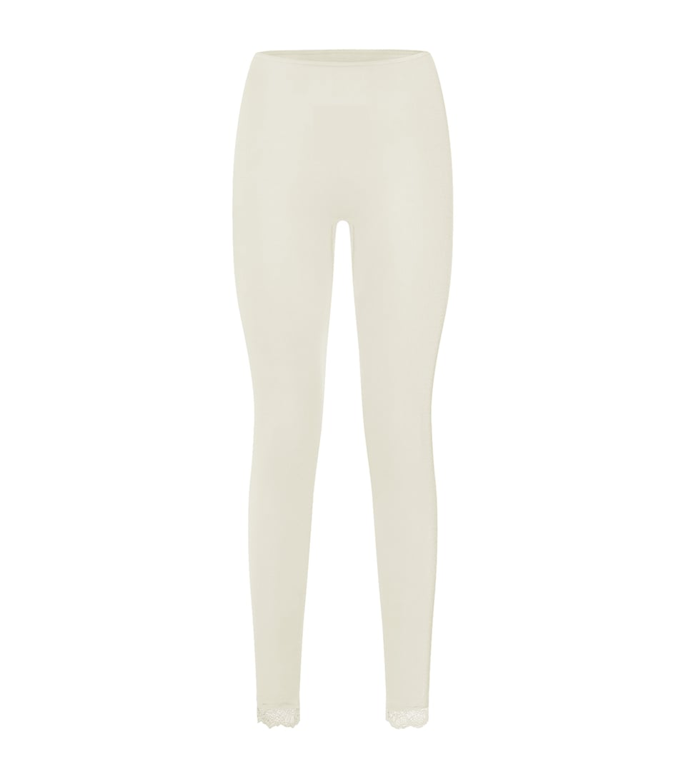 Hanro Womens Wool-Silk Lace-Hem Leggings Misty White
