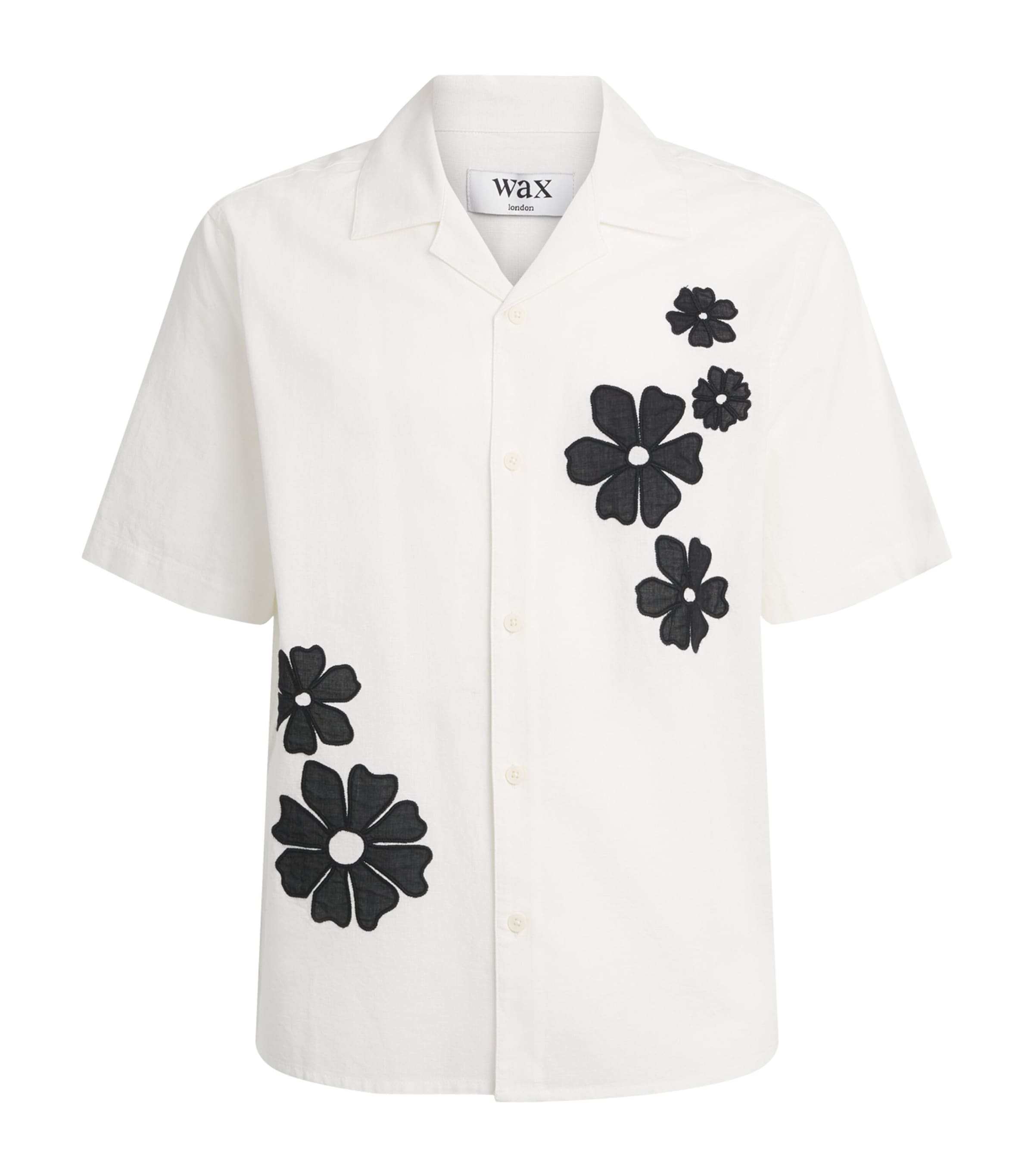 Wax London Mens Linen Floral Appliqué Didcot Shirt Ecru / Black