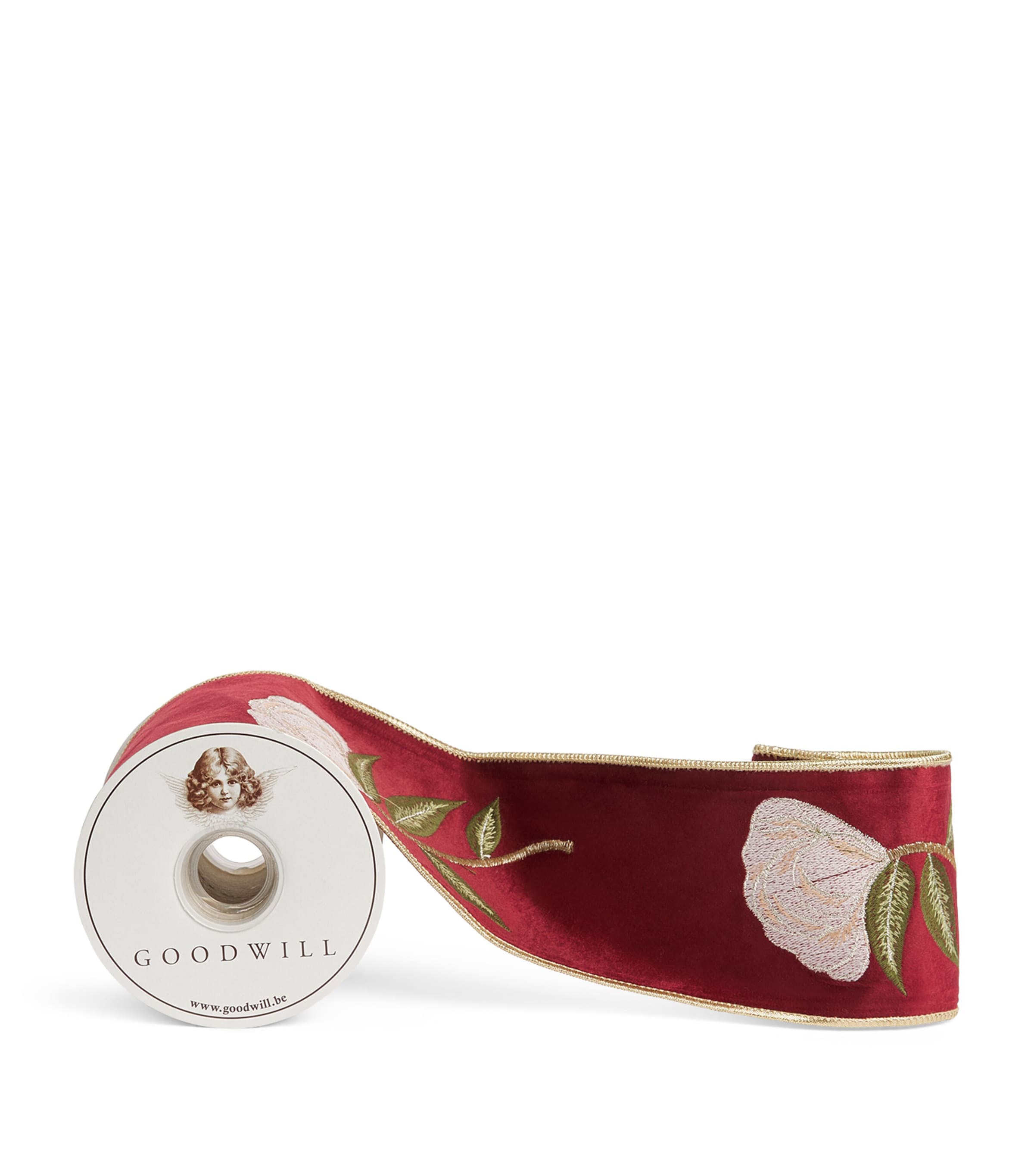 Harrods Velvet Embroidered Flower Tree Ribbon Red