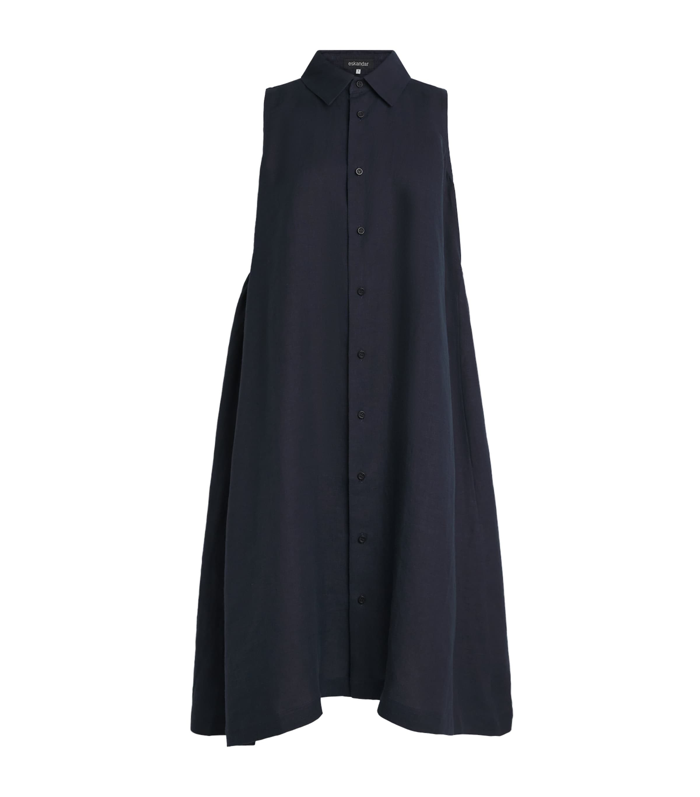 Eskandar Womens Linen Sleeveless Midi Shirt Dress Navydark
