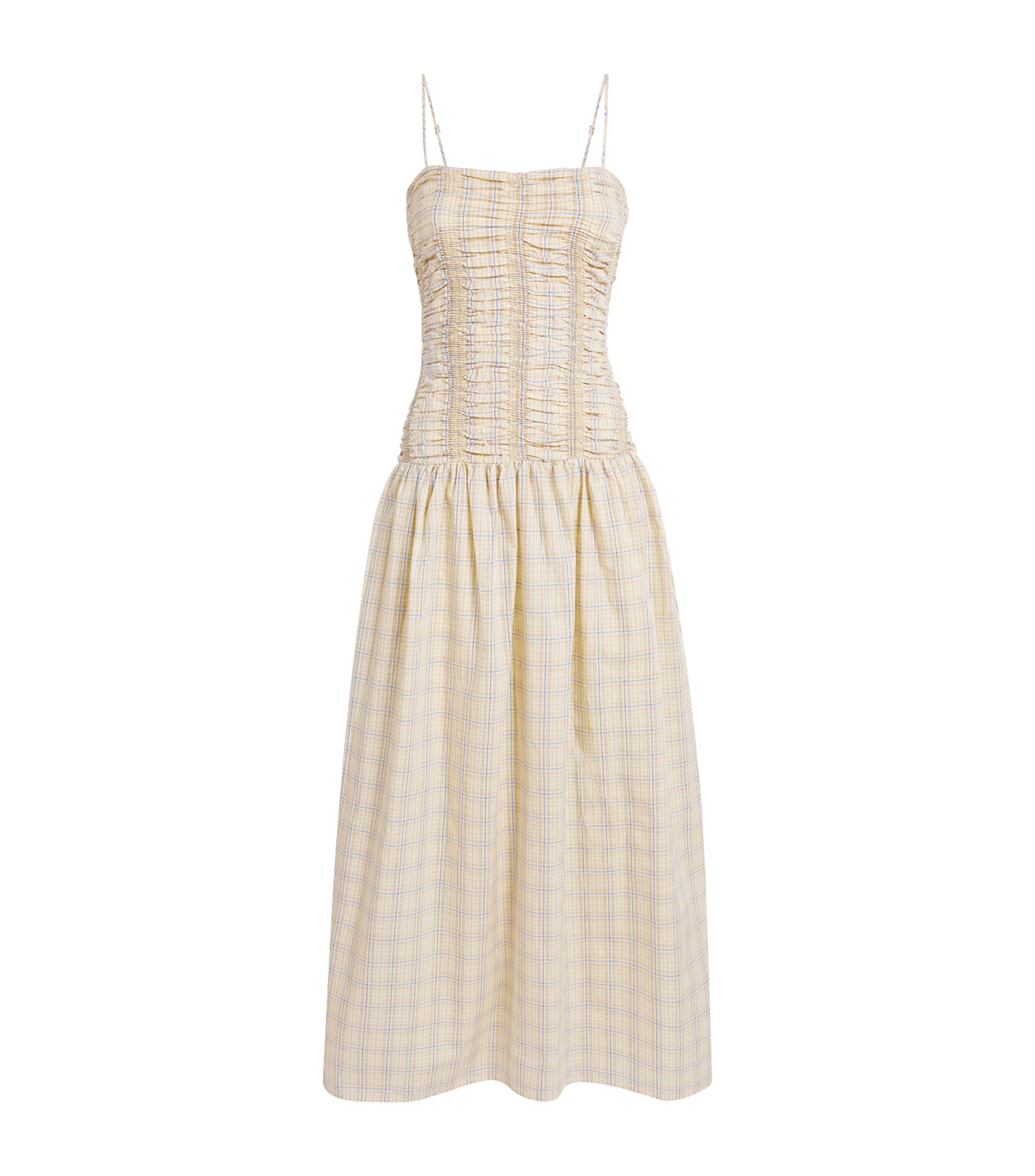 Faithfull The Brand Womens Linen Shirred Mira Midi Dress Flor Chk Antique Wht