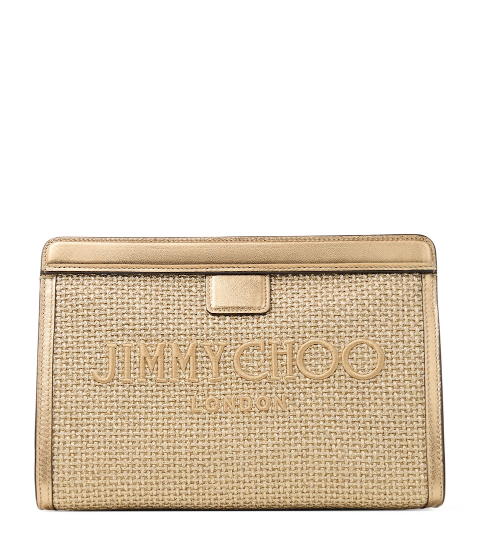 Jimmy Choo Raffia Leather-Trim Avenue Pouch Gold/dark Cappuccino