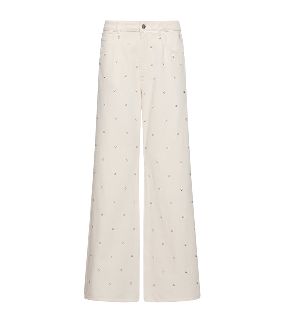 Marella Womens Embellished Wide-Leg Jeans Cream
