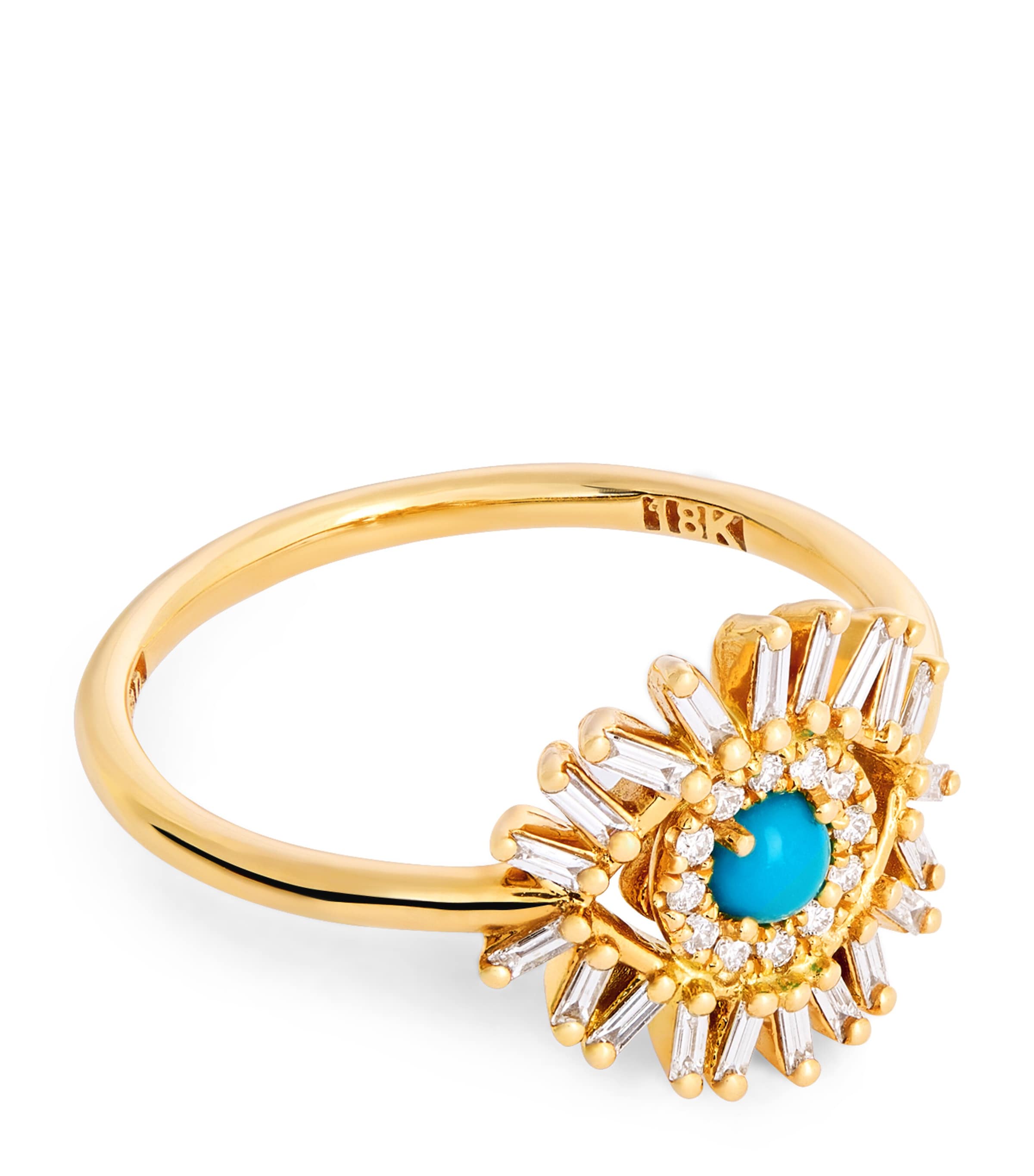 Yellow Gold, White Diamond and Turquoise Evil Eye Ring (Size 6)